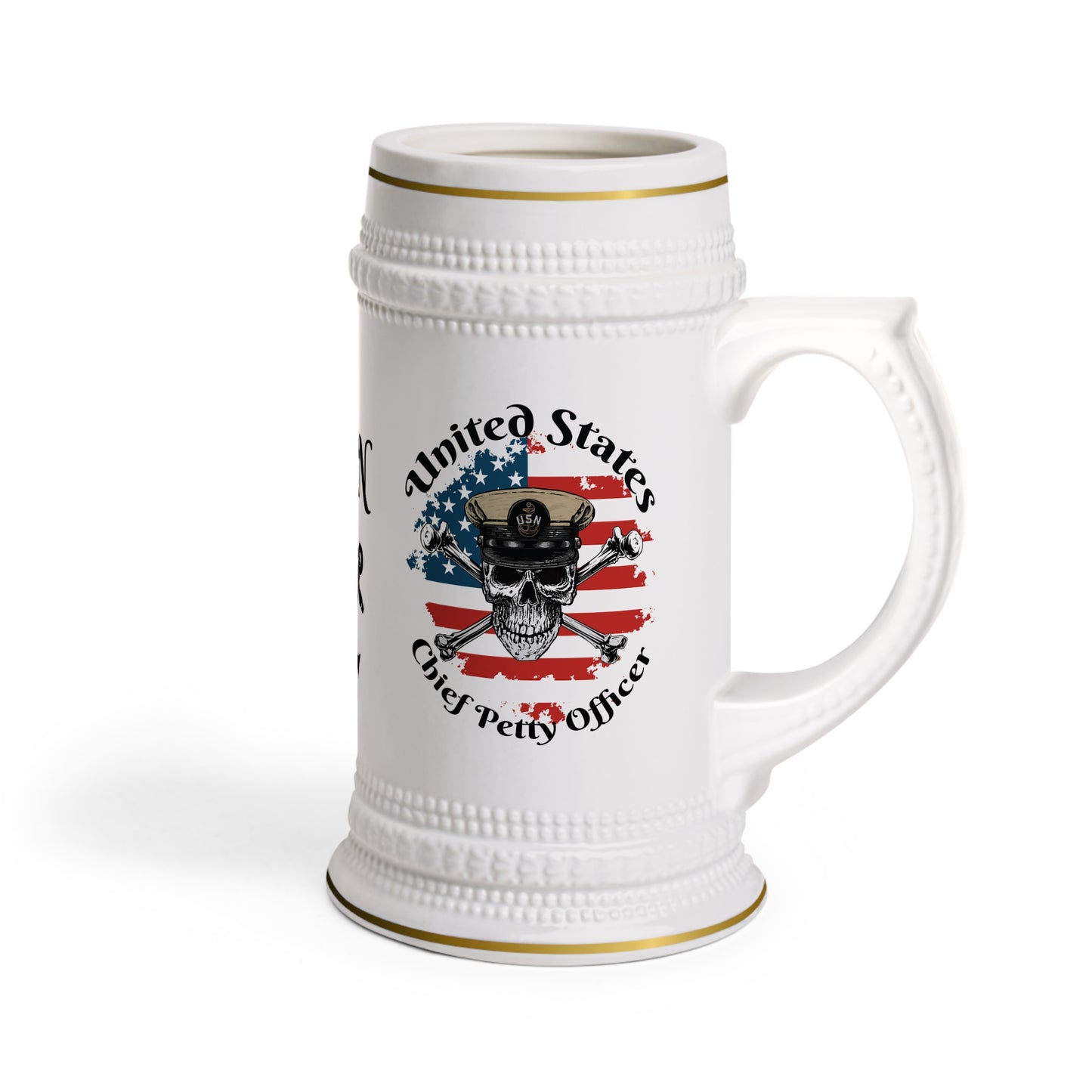 United States Navy Chief Petty Officer Skull & Crossbones on American Flag Stein Mug