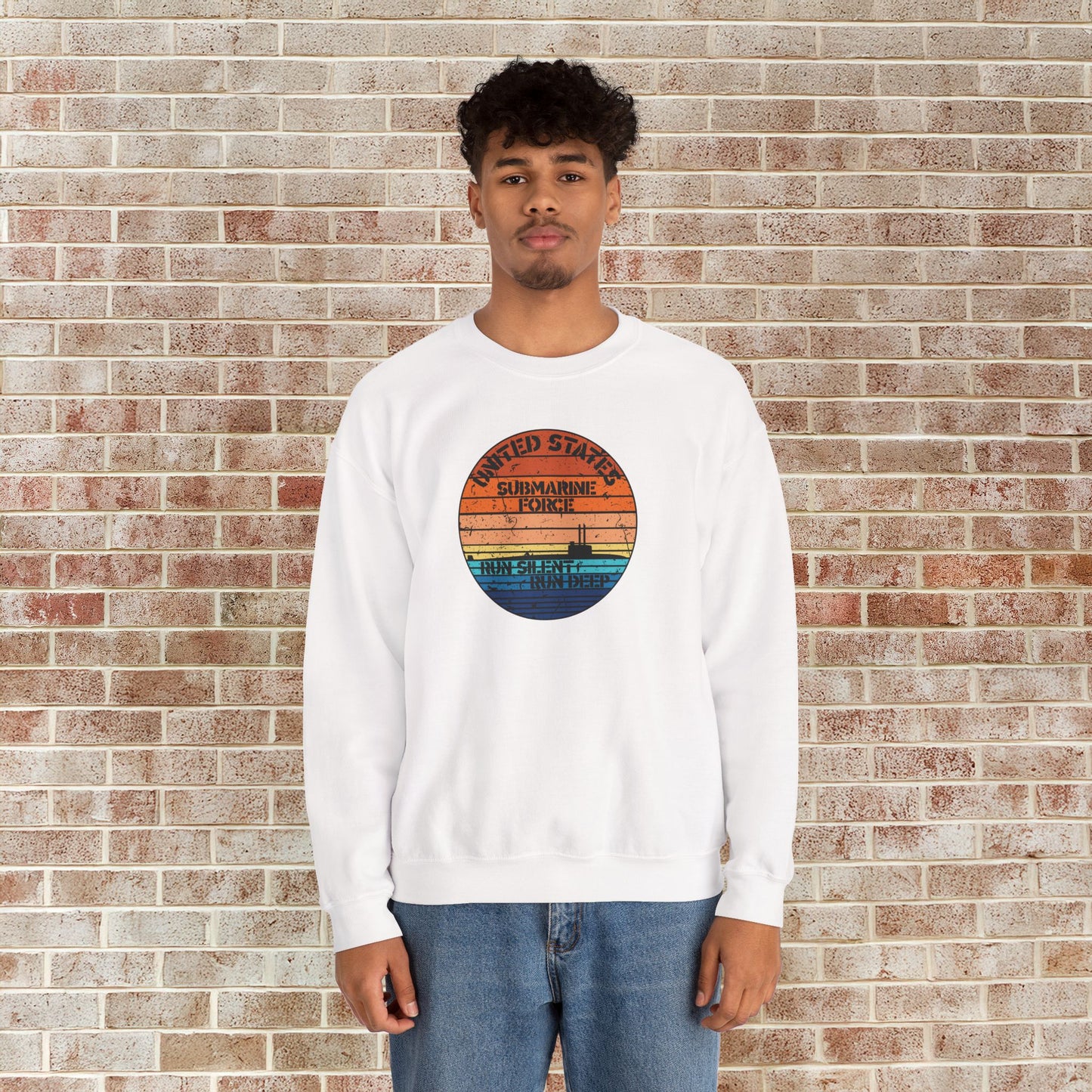 Sunset United States Navy Submarine Force Run Silent Deep Distressed Vintage Unisex Heavy Blend™ Crewneck Sweatshirt