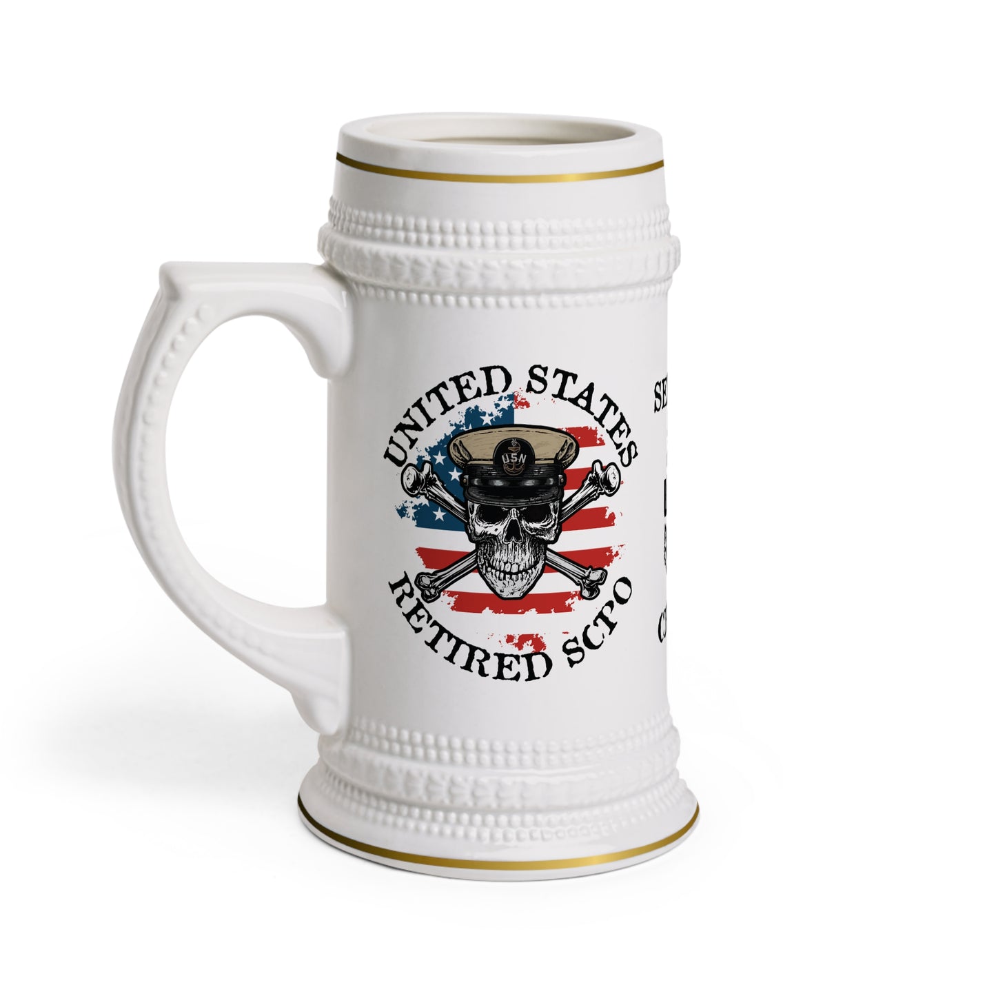 US Retired Senior Chief Petty Officer Skull Crossbones with Distressed American Flag Stein Mug