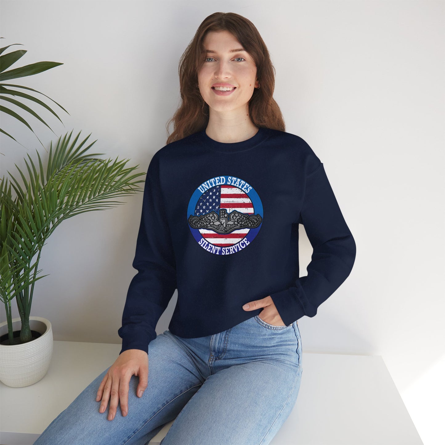 United States Silent Service Submarine Force Silver Dolphins on Distressed American Flag Unisex Heavy Blend™ Crewneck Sweatshirt