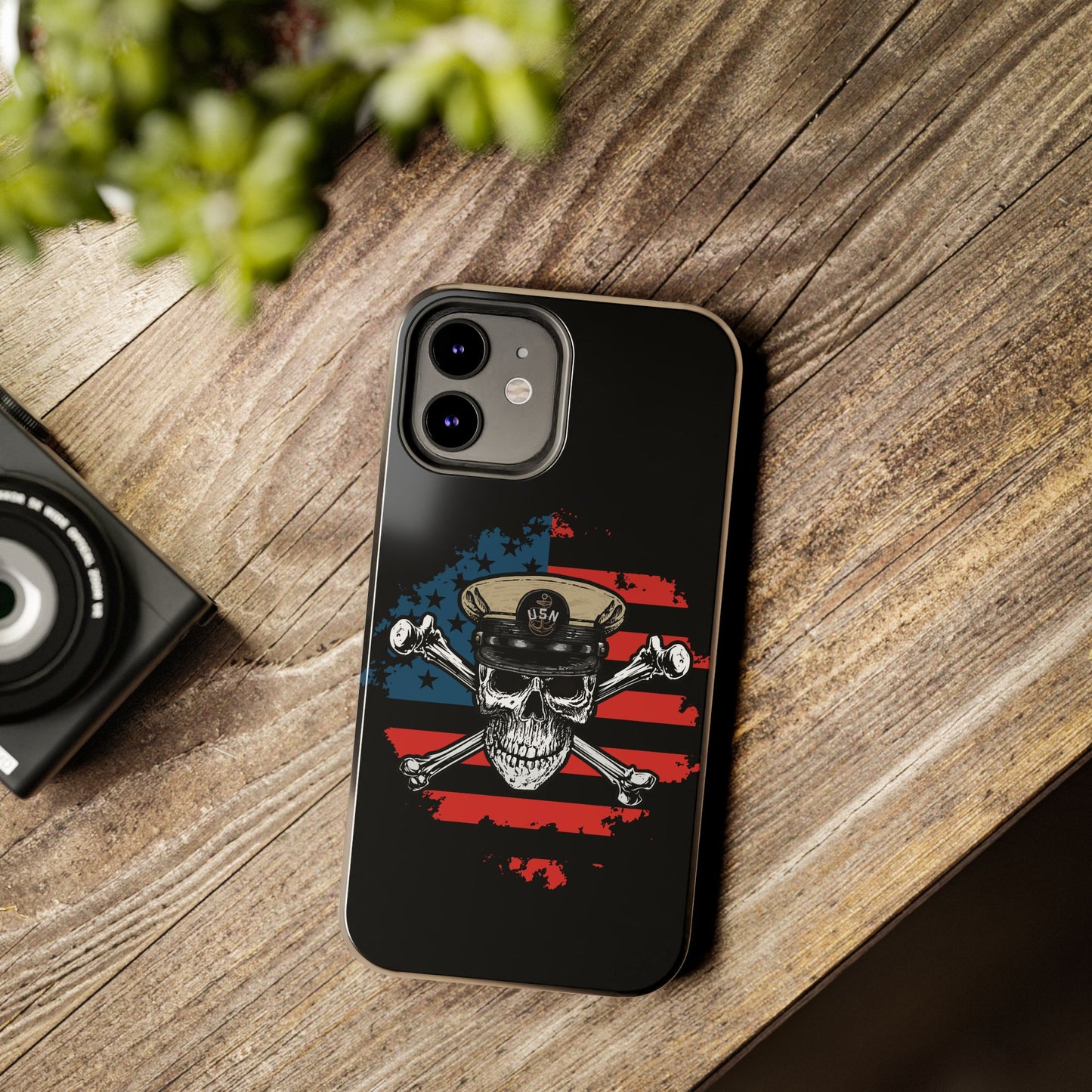 Naval Chief Skull & Crossbones on American Flag Black Tough iPhone Case