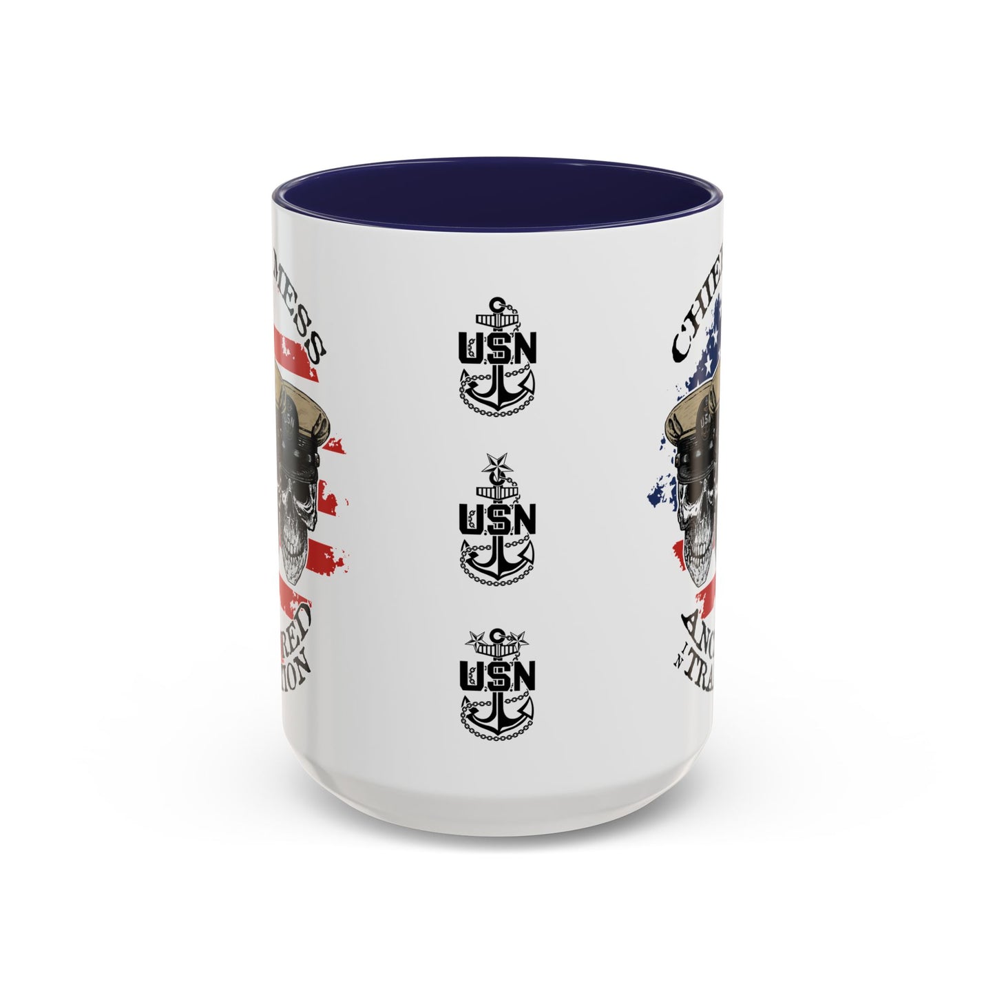 US Navy Chief's Mess Anchored Tradition CPO Sailor Skulls with Distressed USA Flag Accent Coffee Mugs