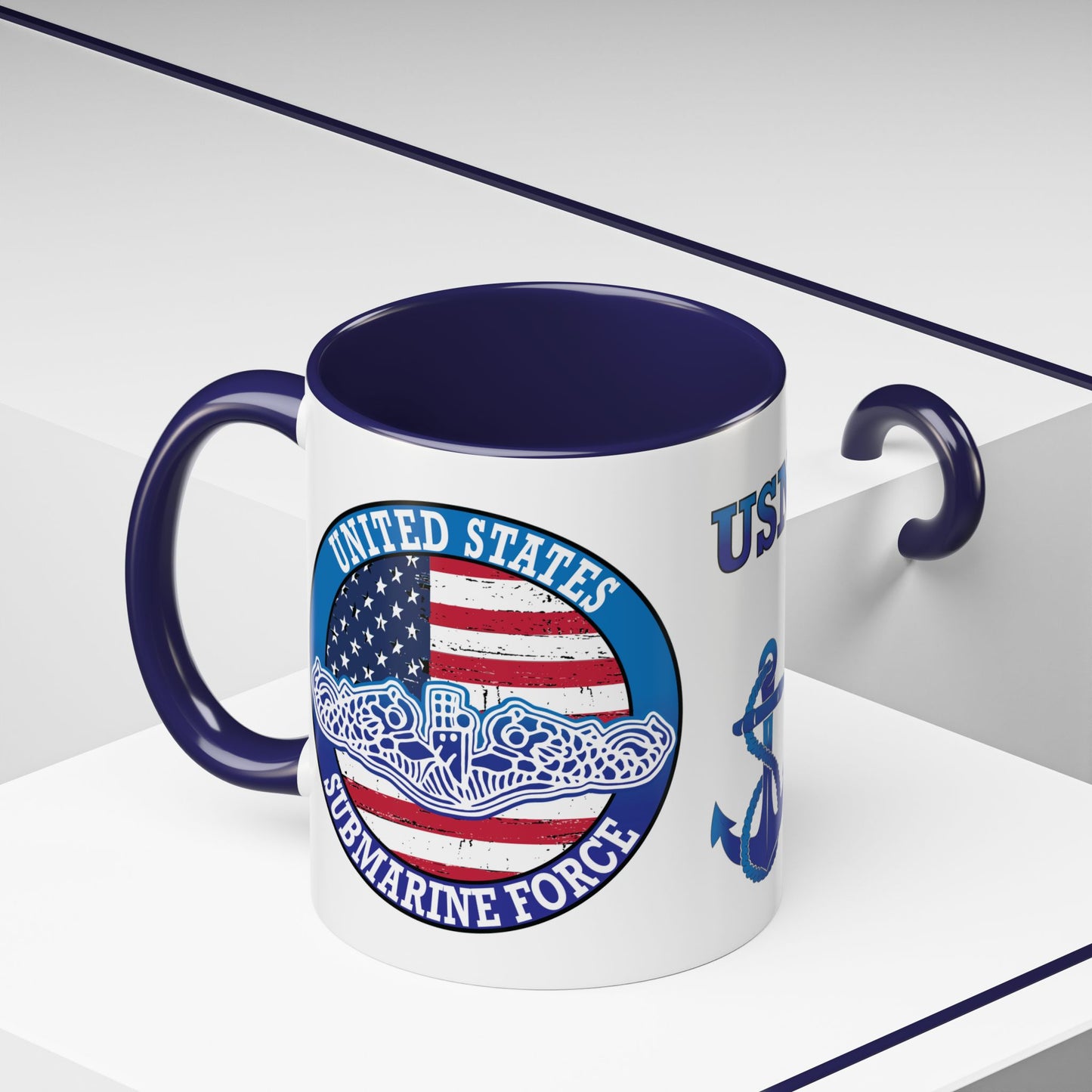United States Navy Submarine Force Silent Service White Dolphins on American Flag Accent Coffee Mugs