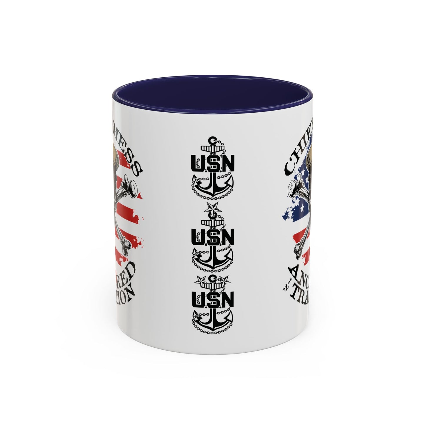 US Navy Chief's Mess Anchored Tradition CPO Sailor Skull with Distressed USA Flag Accent Coffee Mugs