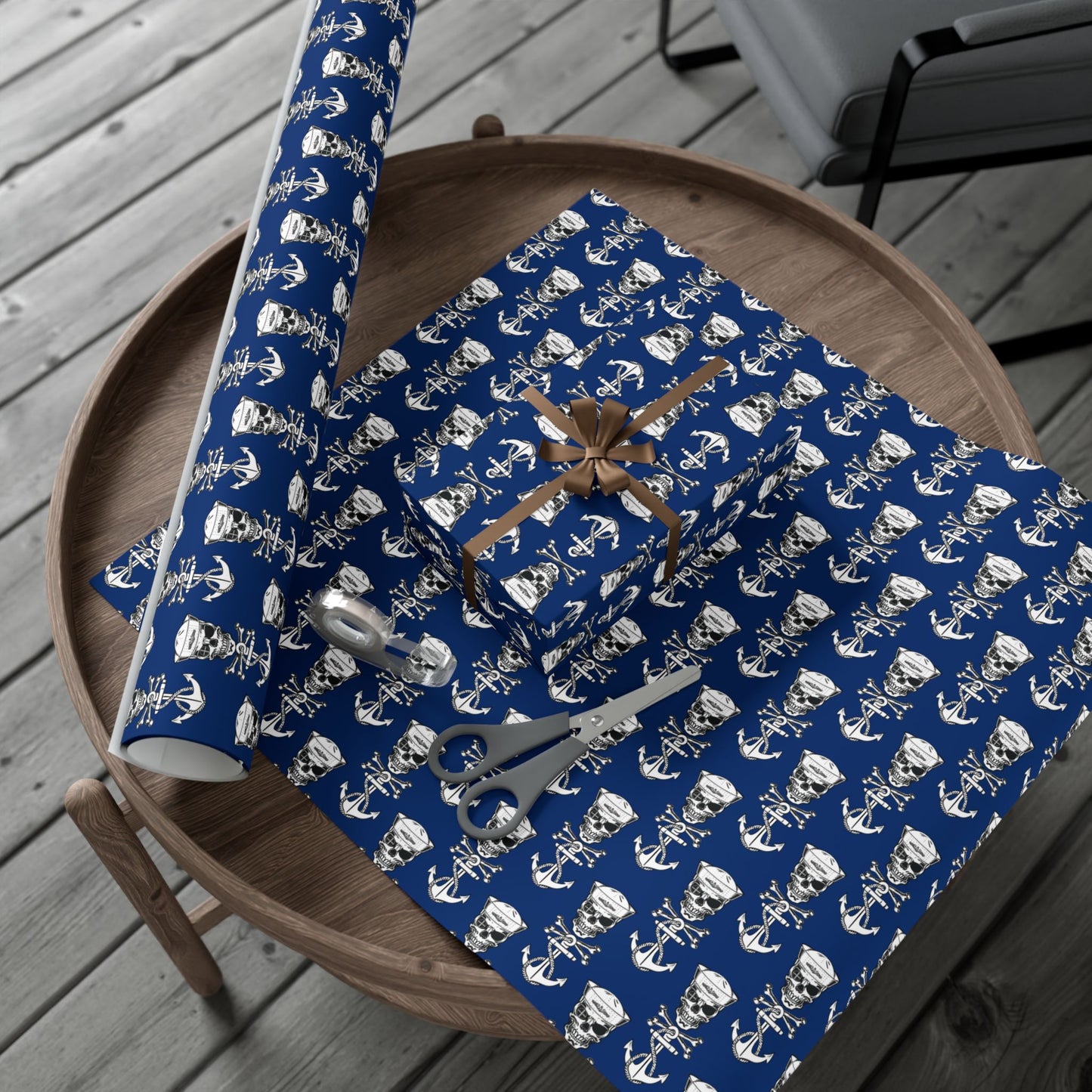 US Navy Submarine Force Sailor Skull Crossbones Wearing Dolphins with Anchors Blue Gift Wrap Papers