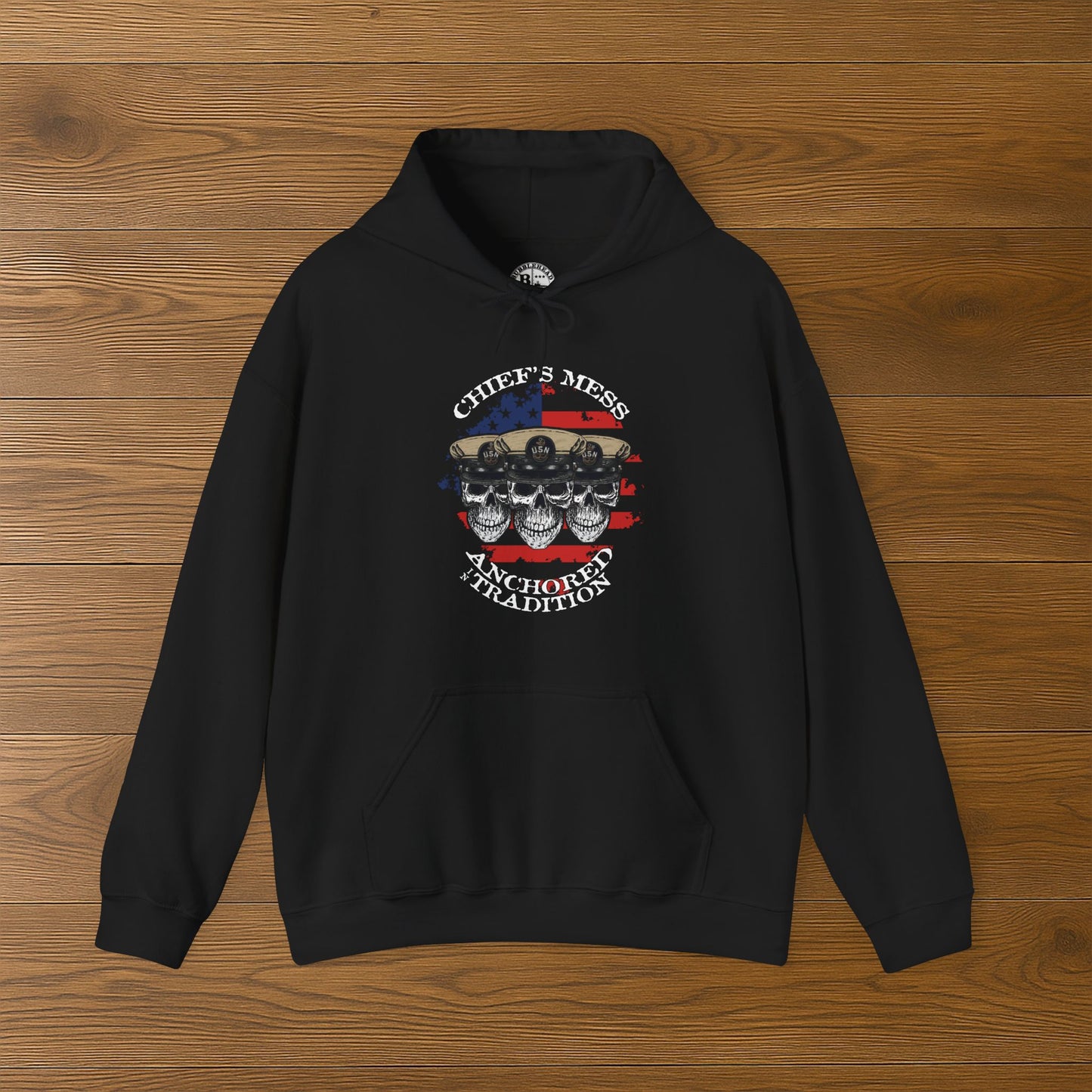Chief's Mess Anchored Tradition CPO Sailor Skulls on Distressed USA Flag Unisex Heavy Blend™ Hooded Sweatshirt