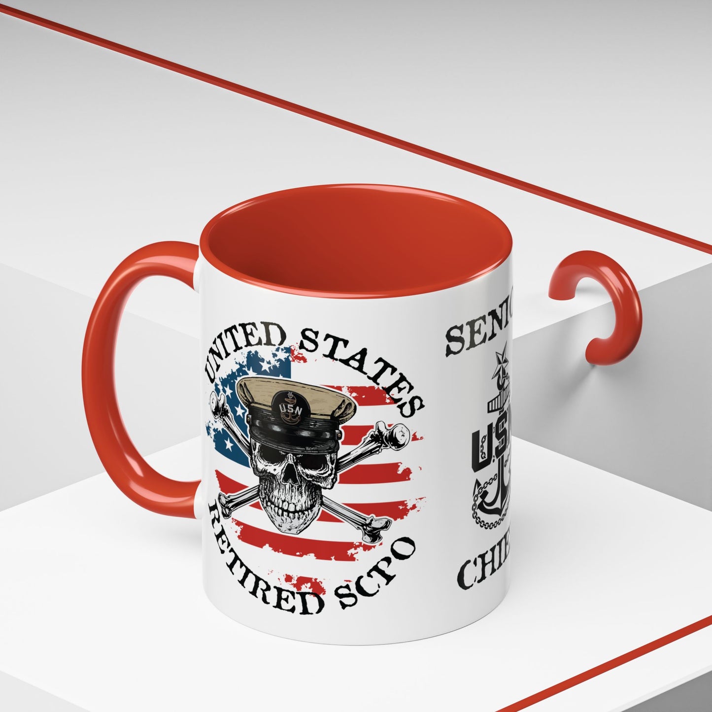 United States Navy Retired SCPO Skull Crossbones Senior Chief Petty Officer Anchor with Distressed USA Flag Accent Coffee Mugs