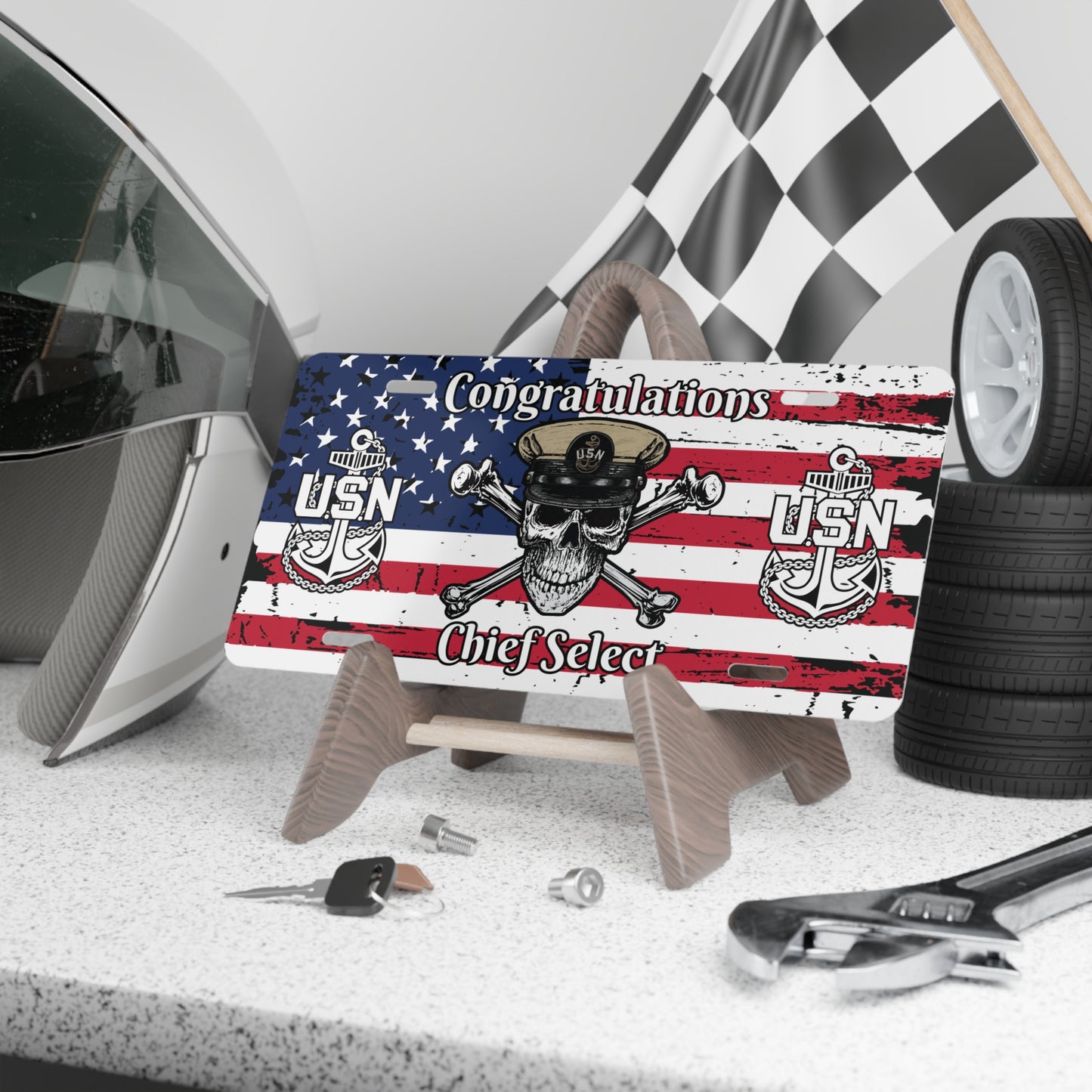 US Navy CPO Skull & Crossbones Congrats Chief Select USA Distressed Flag Vanity License Plate