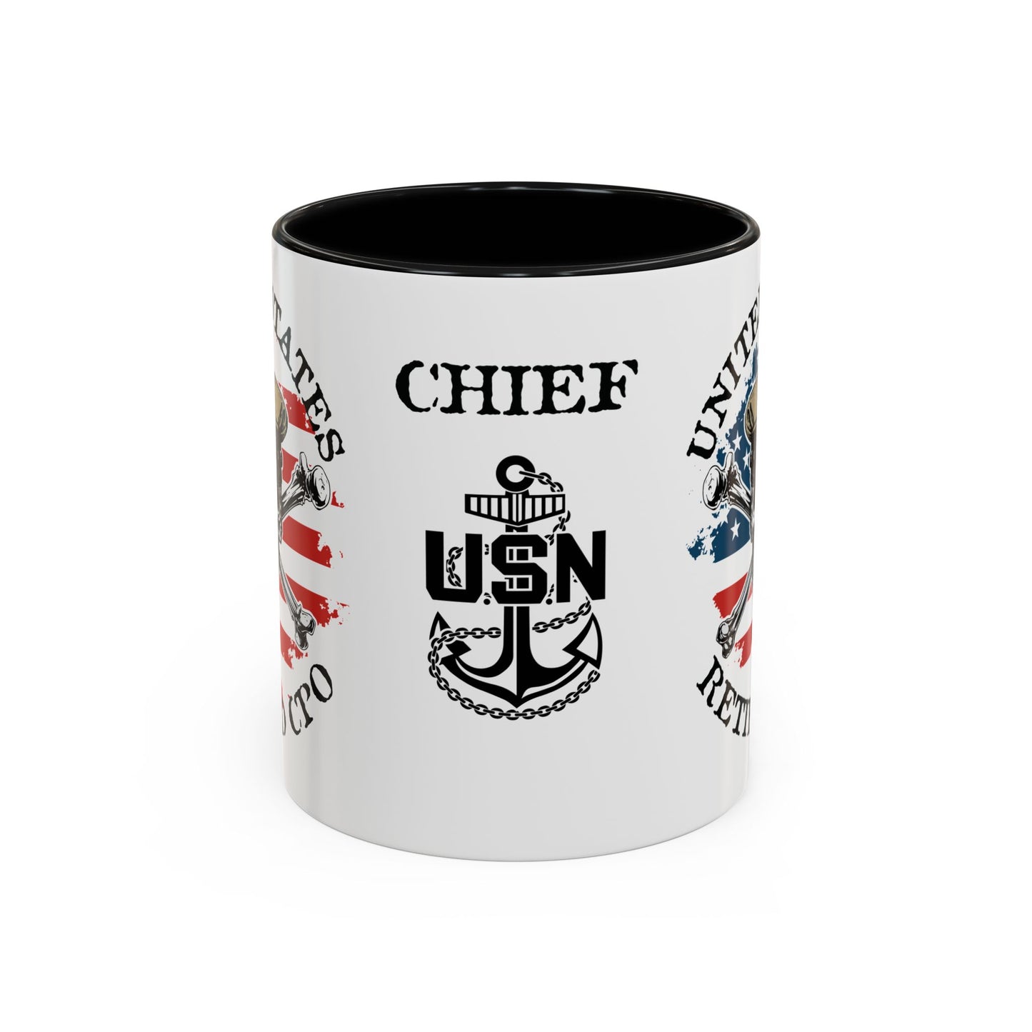 United States Navy Retired CPO Skull Crossbones Chief Petty Officer Anchor with Distressed USA Flag Accent Coffee Mugs