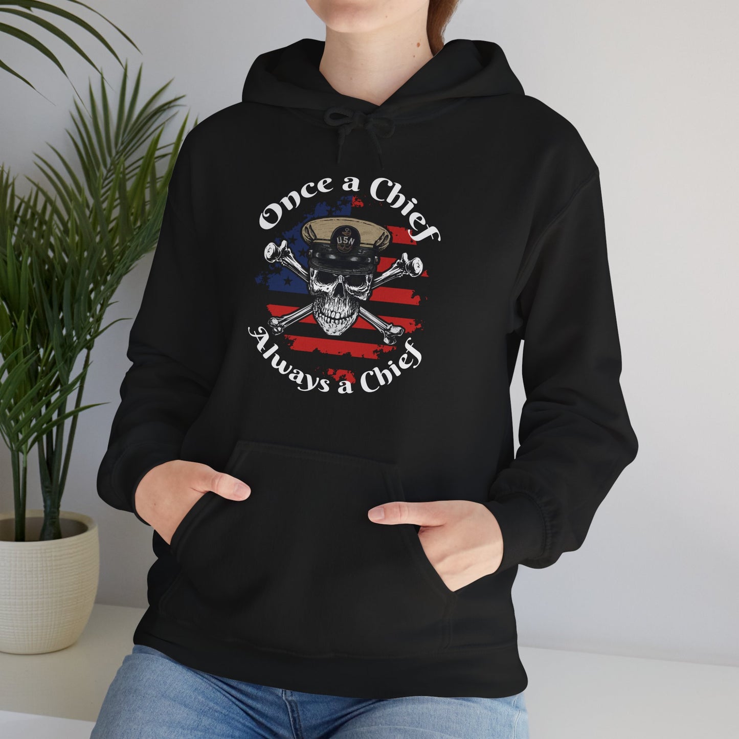 Once a Chief CPO Skull & Crossbones Sailor on Distressed USA Flag Unisex Heavy Blend™ Hooded Sweatshirt