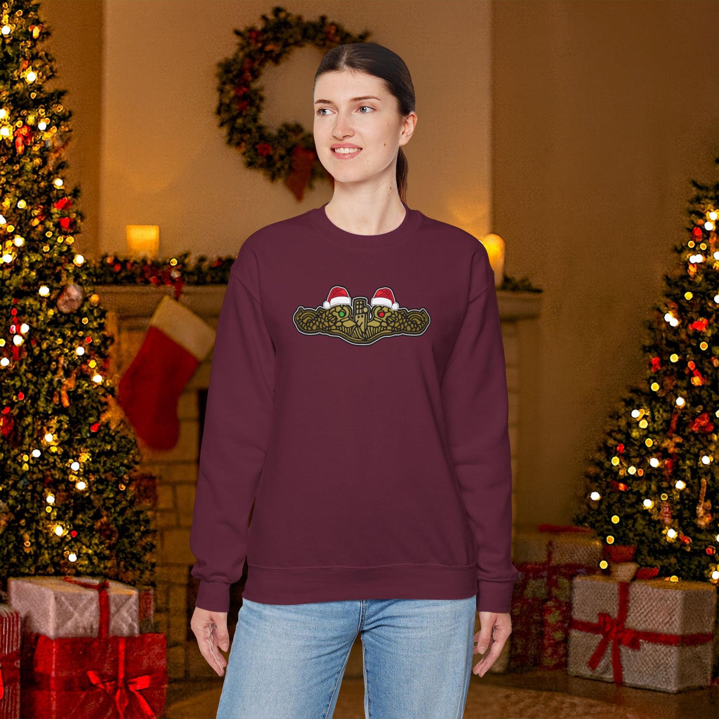 United States Submarine Force Gold Dolphins Christmas Santa Hats with Red and Green Eyes Unisex Heavy Blend™ Crewneck Sweatshirt