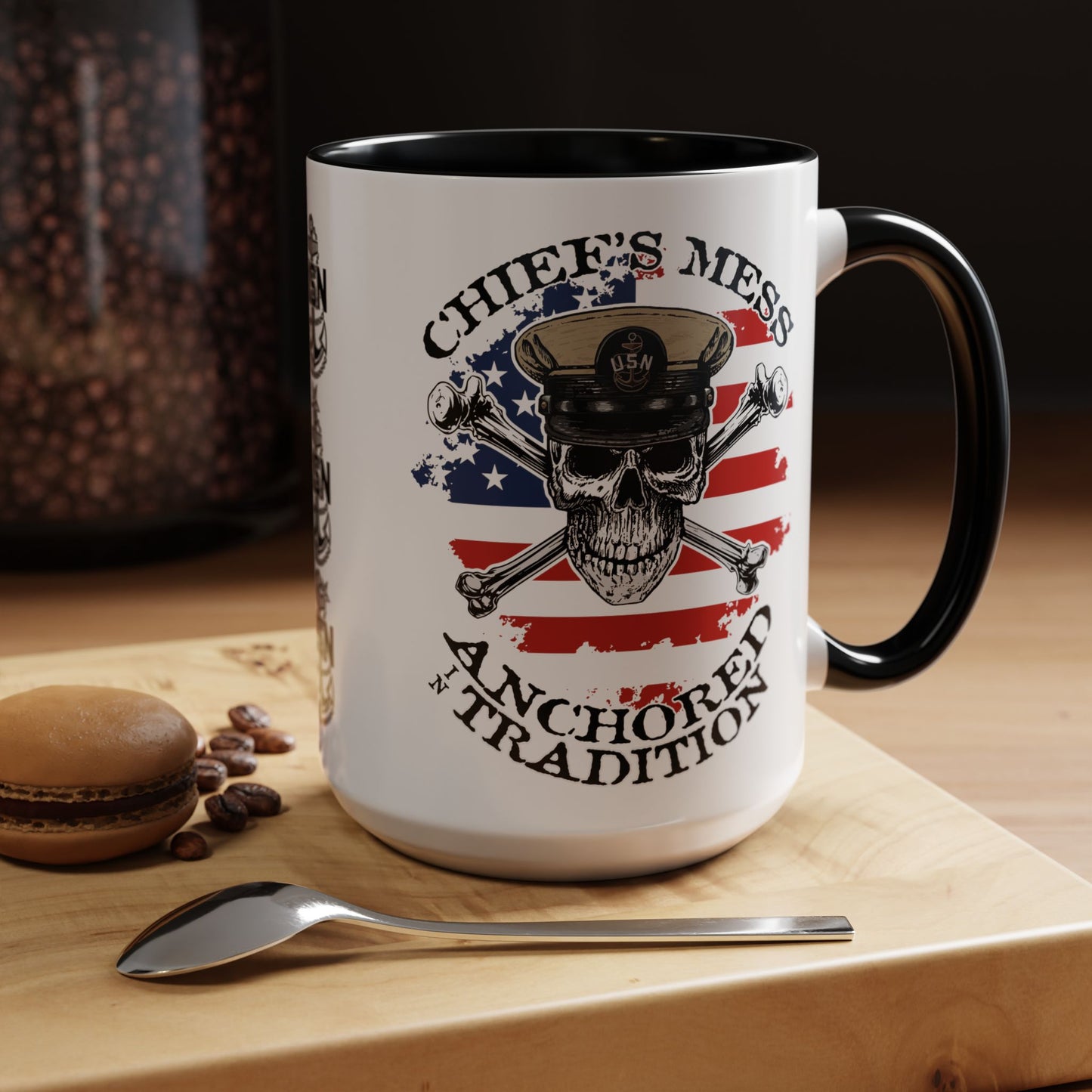 US Navy Chief's Mess Anchored Tradition CPO Sailor Skull with Distressed USA Flag Accent Coffee Mugs