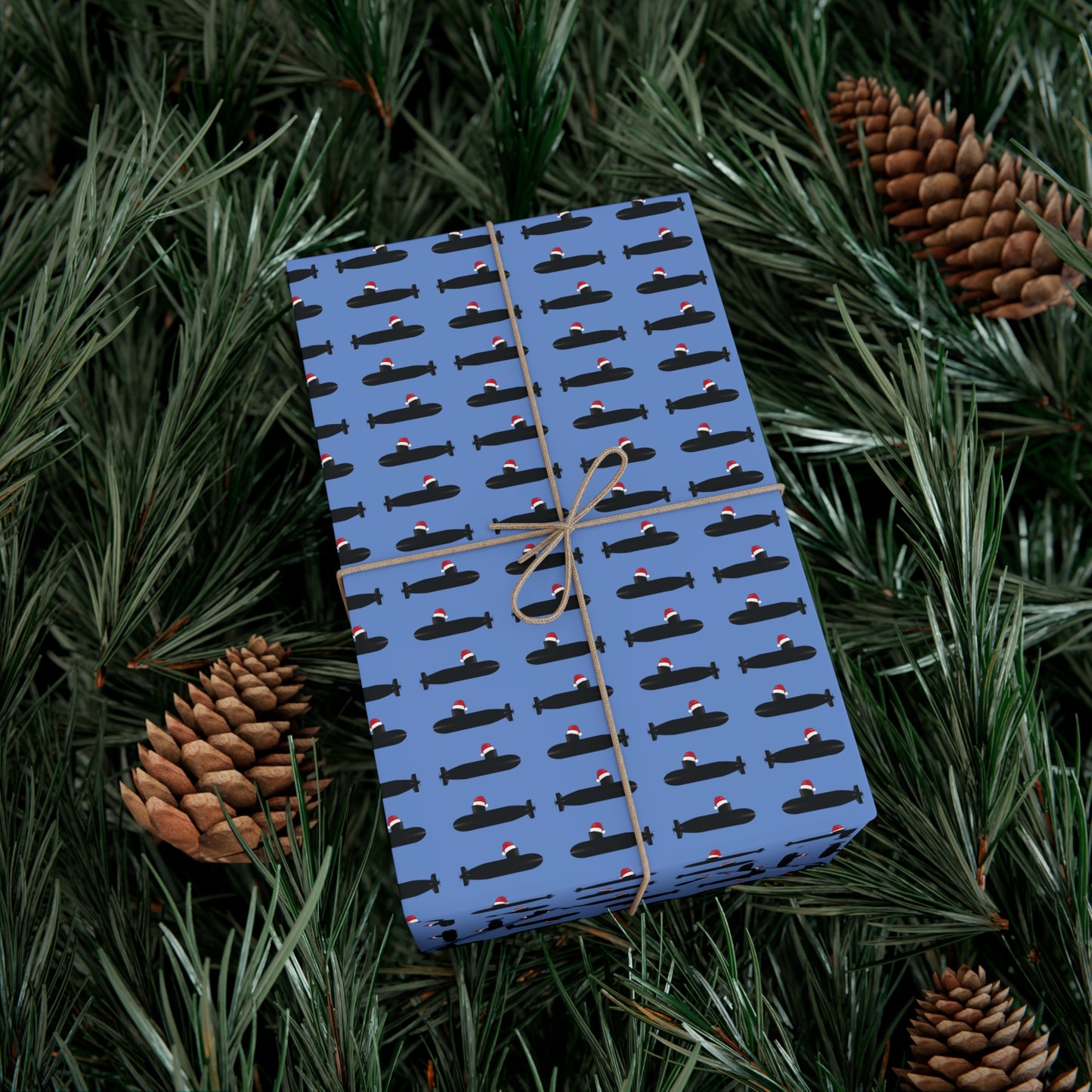 United States Navy Submarine Force Santa Hat on Black Mini Submarines Light Blue Gift Wrap Papers
