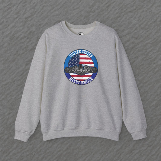 United States Silent Service Submarine Force Silver Dolphins on Distressed American Flag Unisex Heavy Blend™ Crewneck Sweatshirt