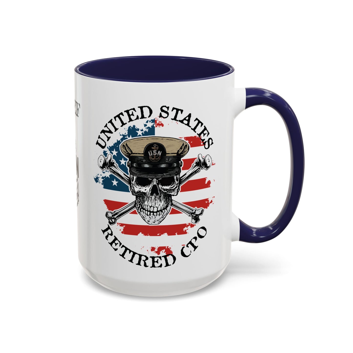 United States Navy Retired CPO Skull Crossbones Chief Petty Officer Anchor with Distressed USA Flag Accent Coffee Mugs