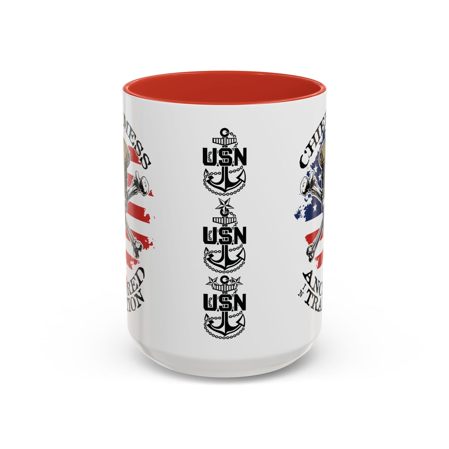 US Navy Chief's Mess Anchored Tradition CPO Sailor Skull with Distressed USA Flag Accent Coffee Mugs