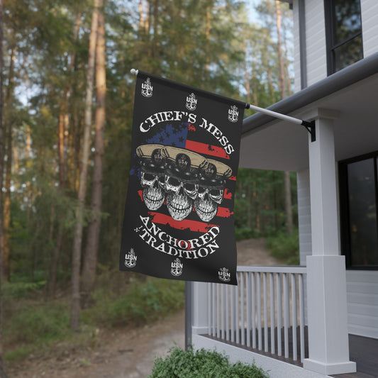 Chief's Mess Anchored Tradition CPO Skull Crossbones with Distressed USA Flag on Black House Banner