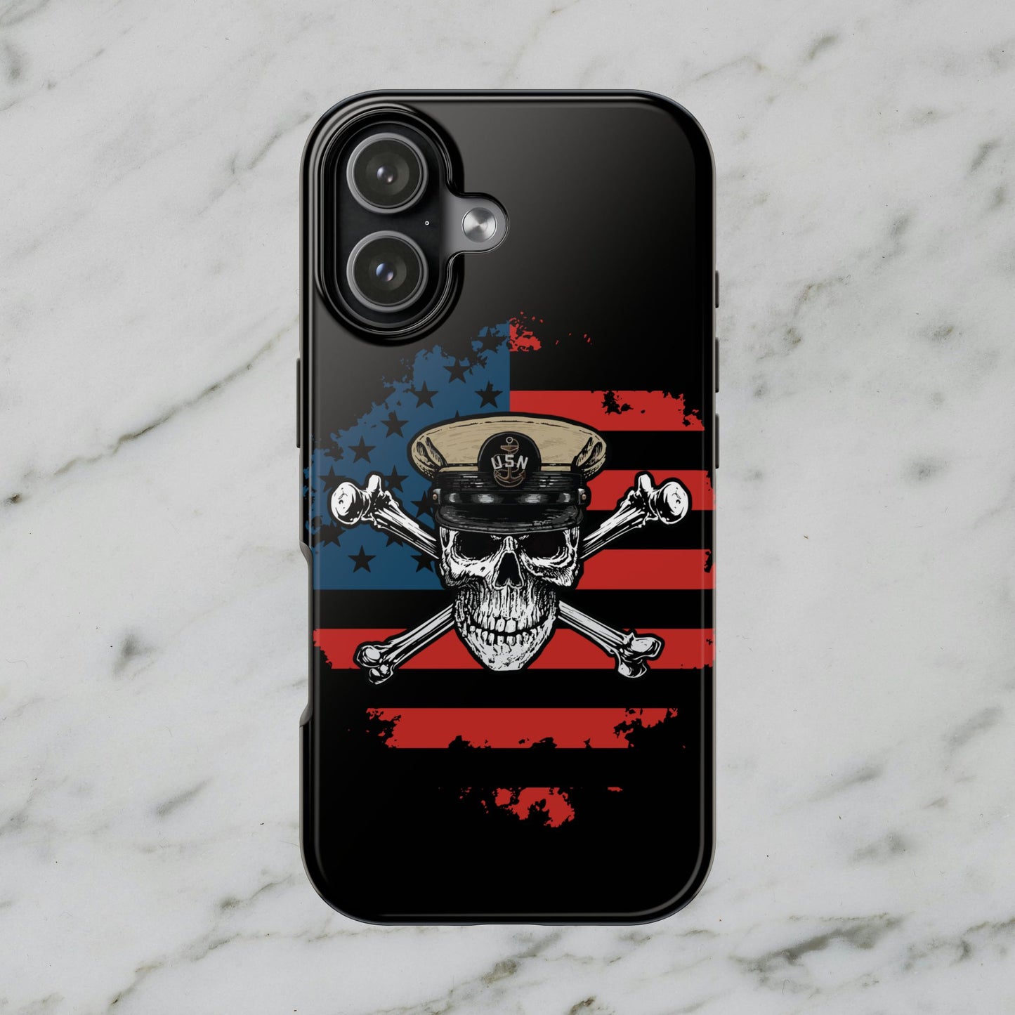 Naval Chief Skull & Crossbones on American Flag Black Tough iPhone Case