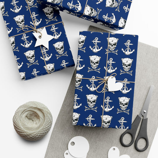 US Navy Sailor Skull Crossbones and Anchors Blue Gift Wrap Papers