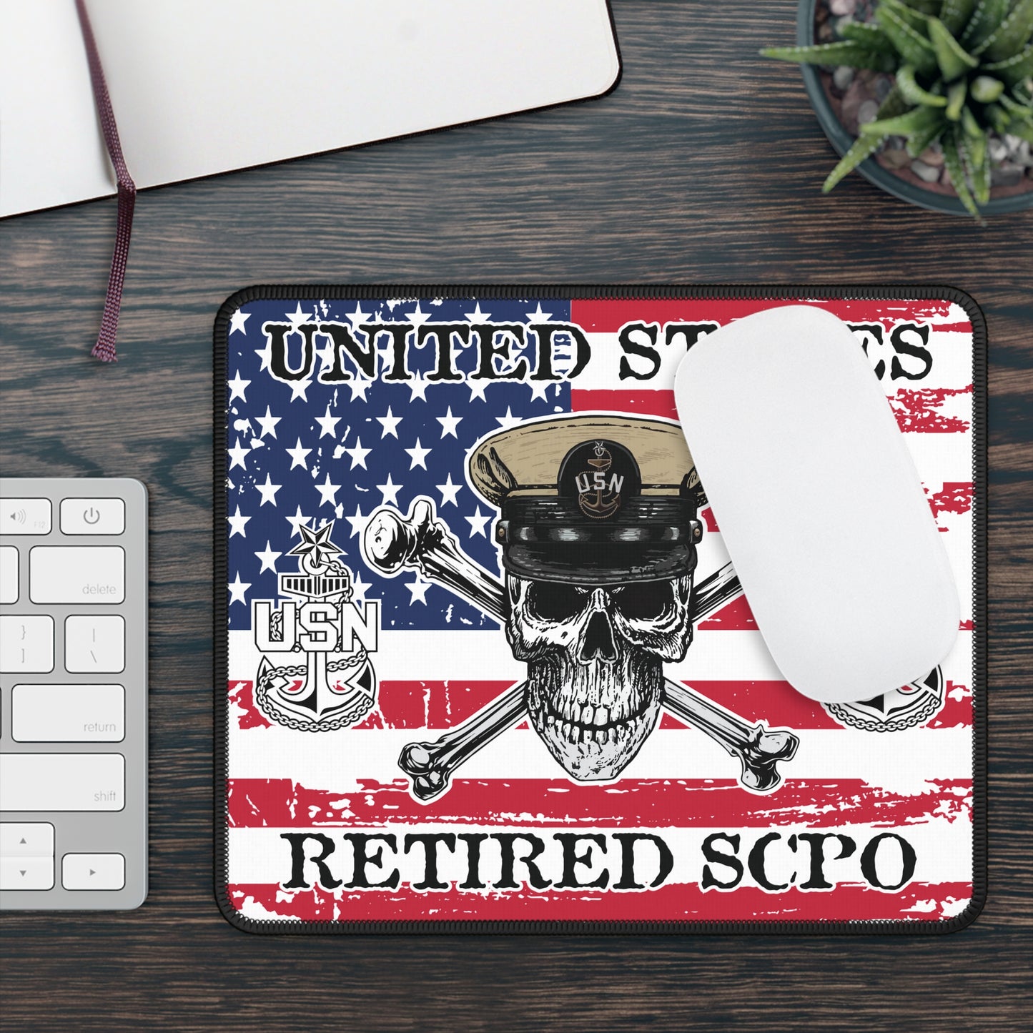 United States Retired CPO Skull Crossbones Chief with Distressed American Flag Gaming Mouse Pad