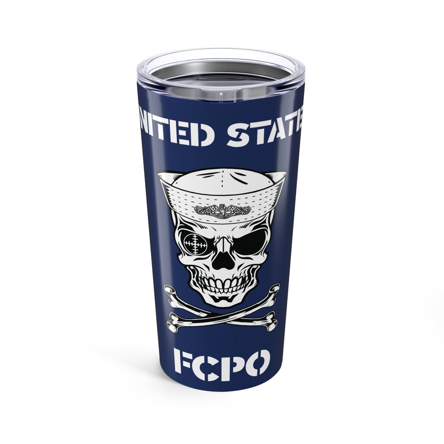 United States FCPO Skull Crossbones First Class Sailor with Navy Dolphins Blue Stainless Steel Tumbler 20oz