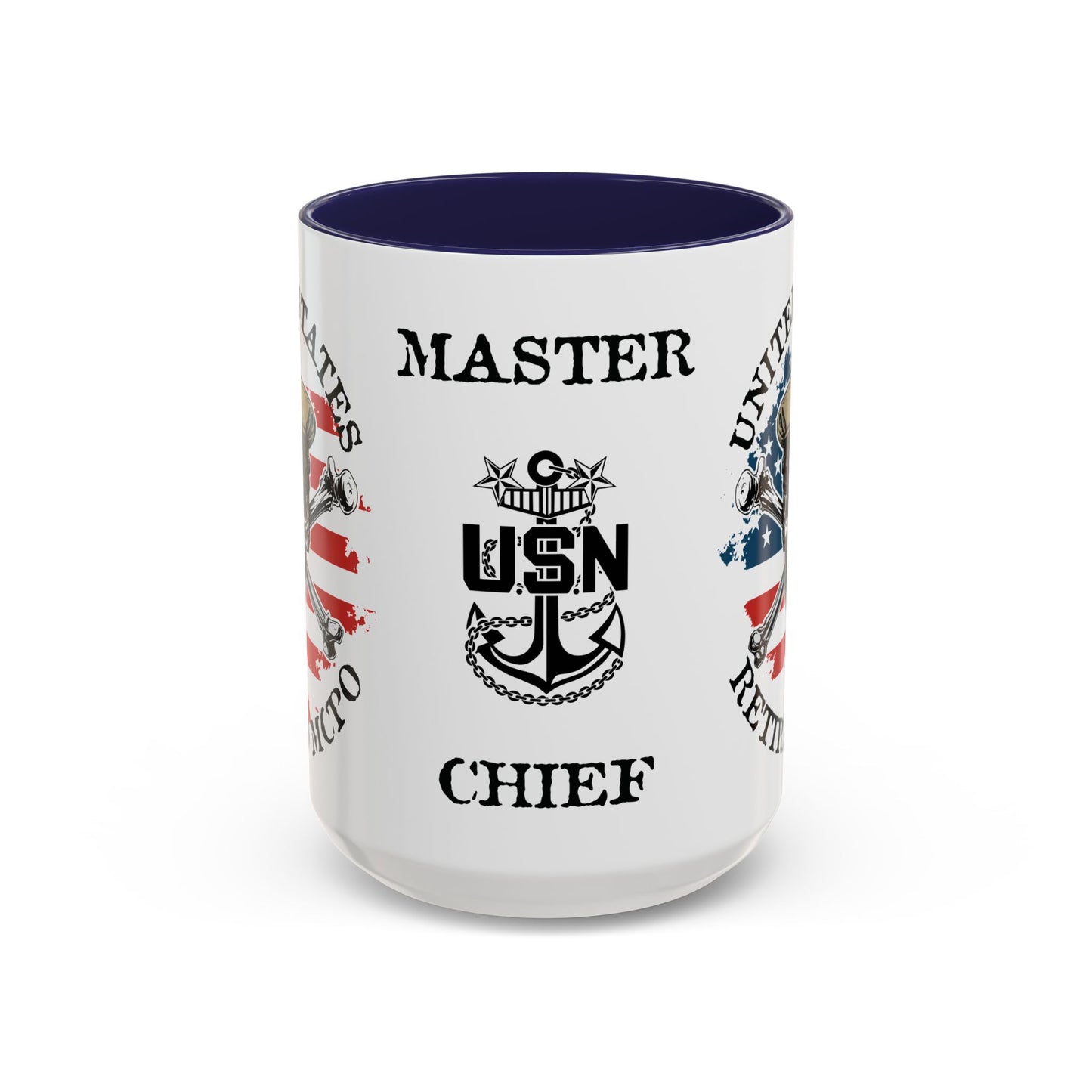 United States Navy Retired MCPO Skull Crossbones Master Chief Petty Officer Anchor with Distressed USA Flag Accent Coffee Mugs