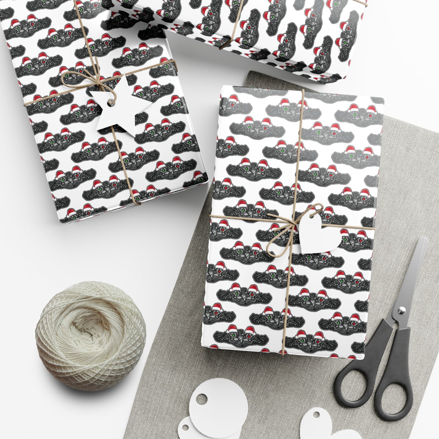 United States Navy Submarine Force Silver Enlisted Dolphins Christmas Hats with Red and Green Eyes White Gift Wrap Papers