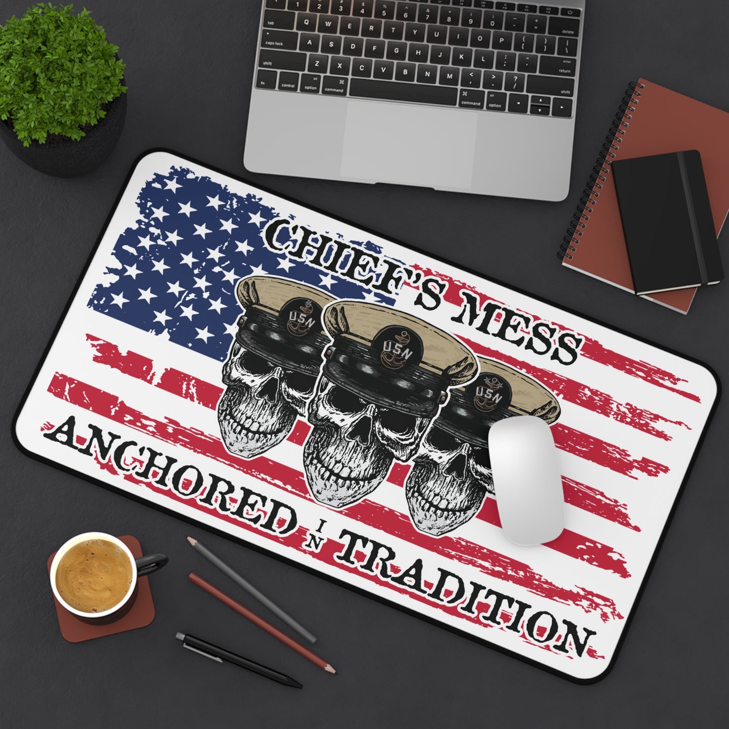 Chief's Mess Anchored Tradition CPO Sailor Skull's with Distressed USA Flag Desk Mat