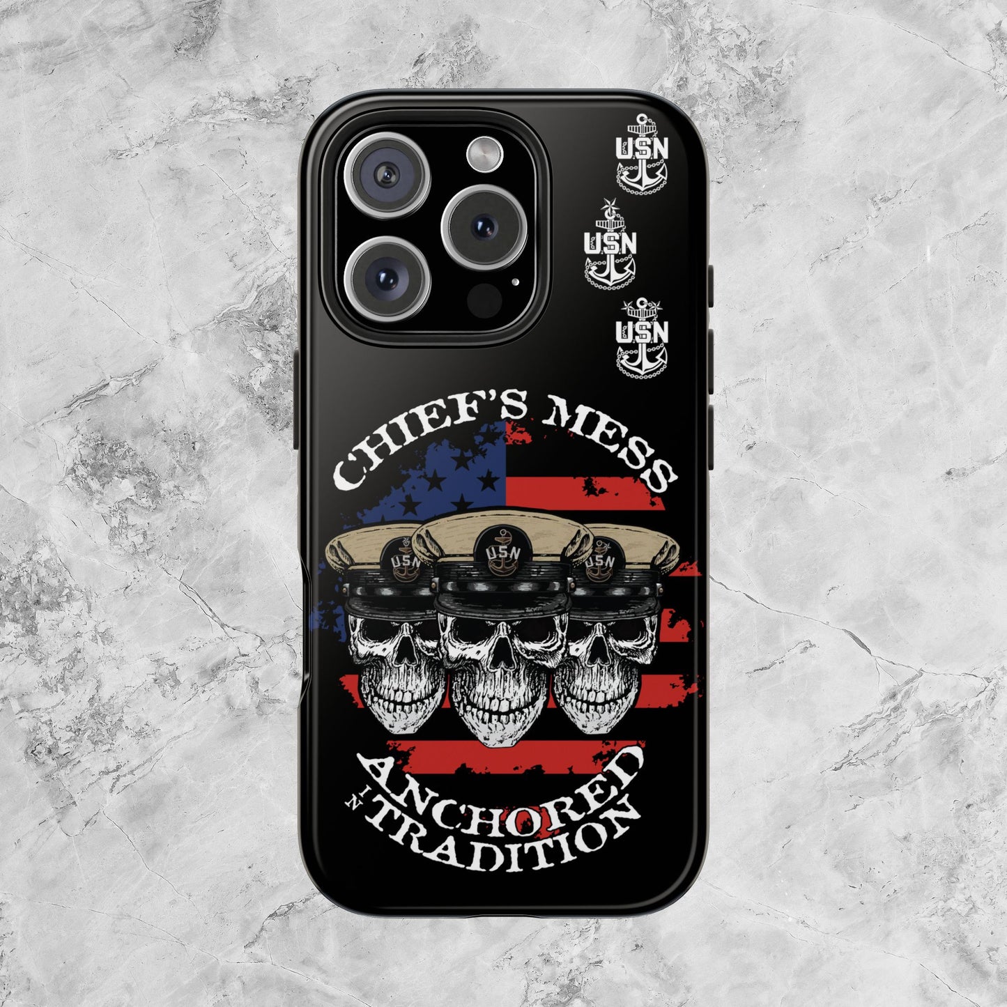 Chief's Mess Anchored Tradition CPO Sailor Skulls on Distressed USA Flag Black Tough iPhone Case