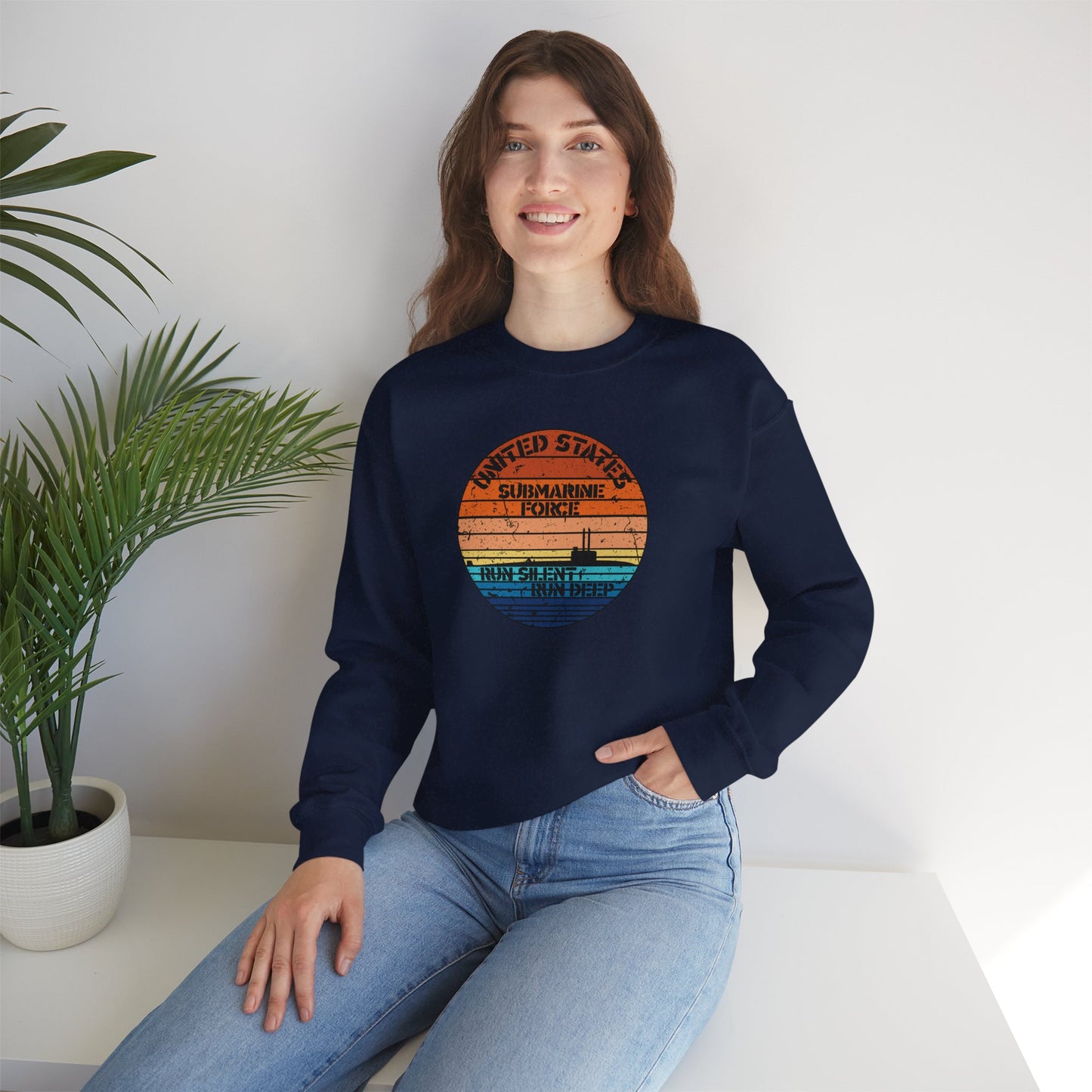 Sunset United States Navy Submarine Force Run Silent Deep Distressed Vintage Unisex Heavy Blend™ Crewneck Sweatshirt