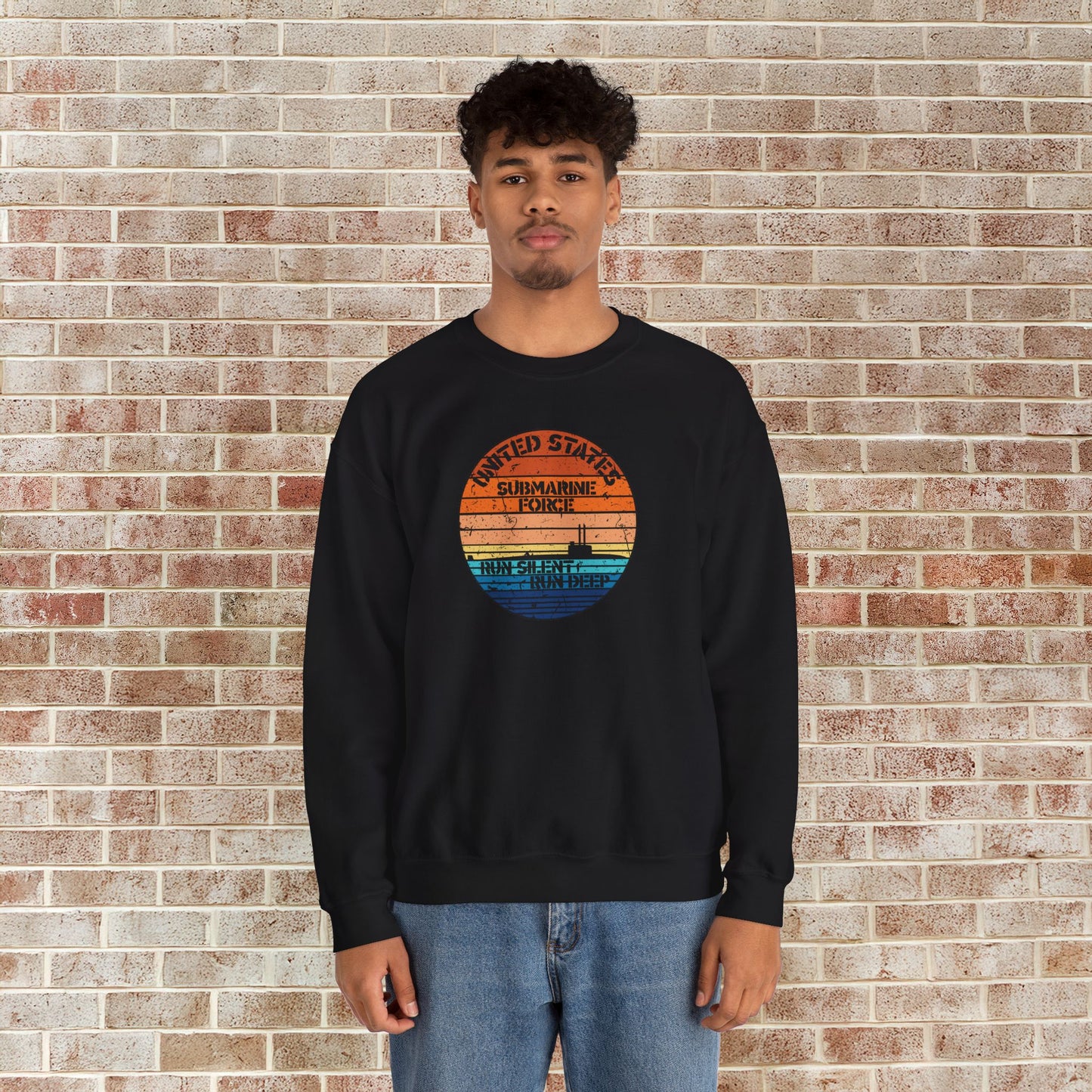 Sunset United States Navy Submarine Force Run Silent Deep Distressed Vintage Unisex Heavy Blend™ Crewneck Sweatshirt