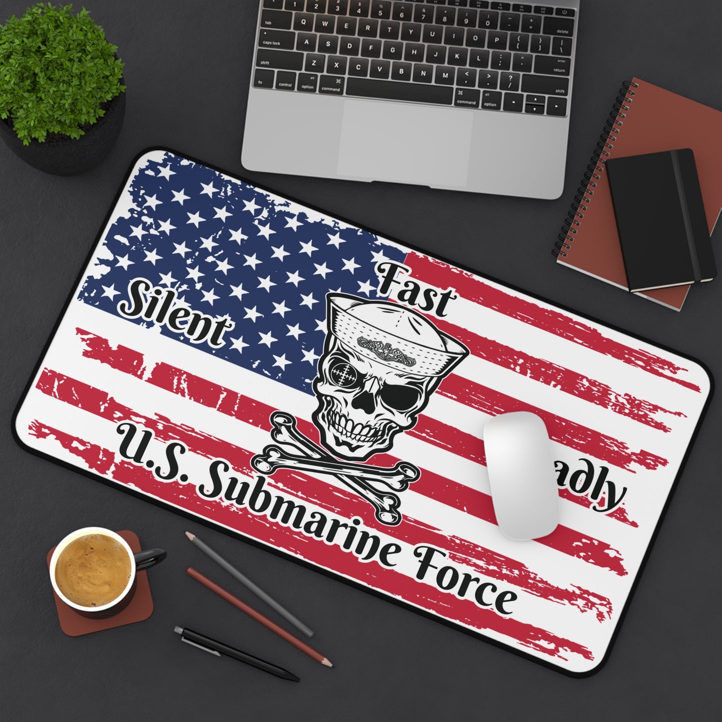 U.S. Submarine Force Silent Fast Deadly Skull and Crossbones Sailor with Distressed American Flag Desk Mat