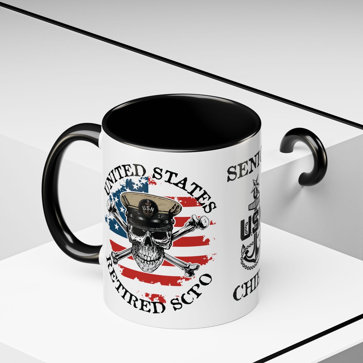 United States Navy Retired SCPO Skull Crossbones Senior Chief Petty Officer Anchor with Distressed USA Flag Accent Coffee Mugs