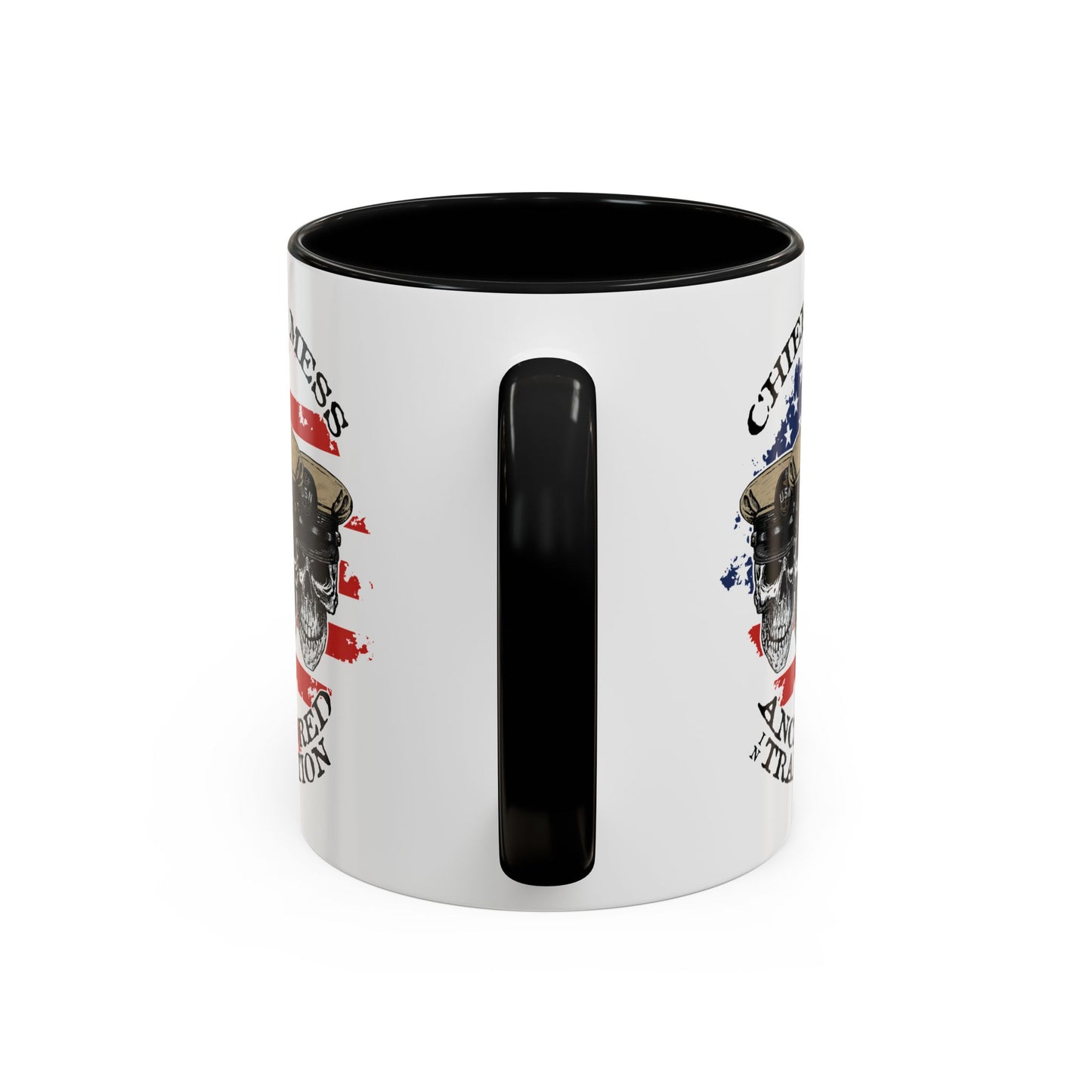 US Navy Chief's Mess Anchored Tradition CPO Sailor Skulls with Distressed USA Flag Accent Coffee Mugs