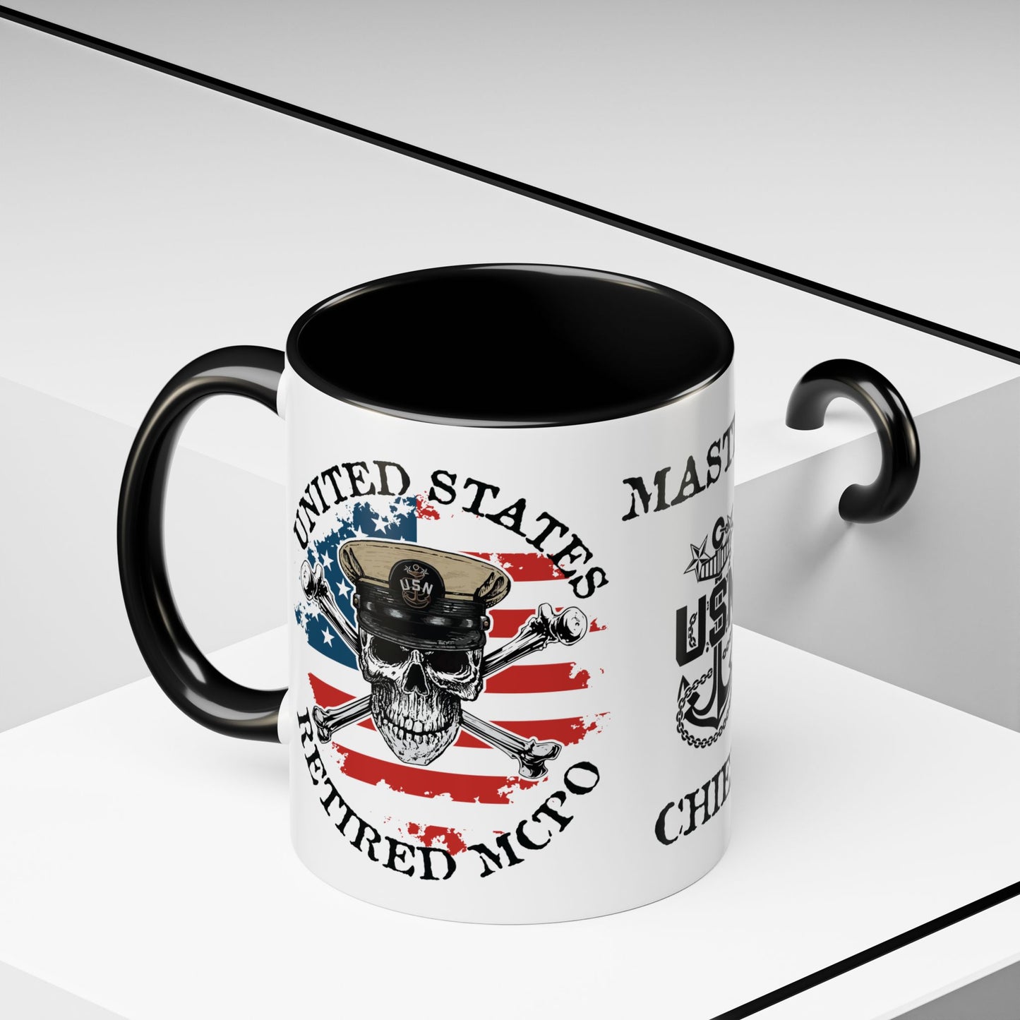 United States Navy Retired MCPO Skull Crossbones Master Chief Petty Officer Anchor with Distressed USA Flag Accent Coffee Mugs