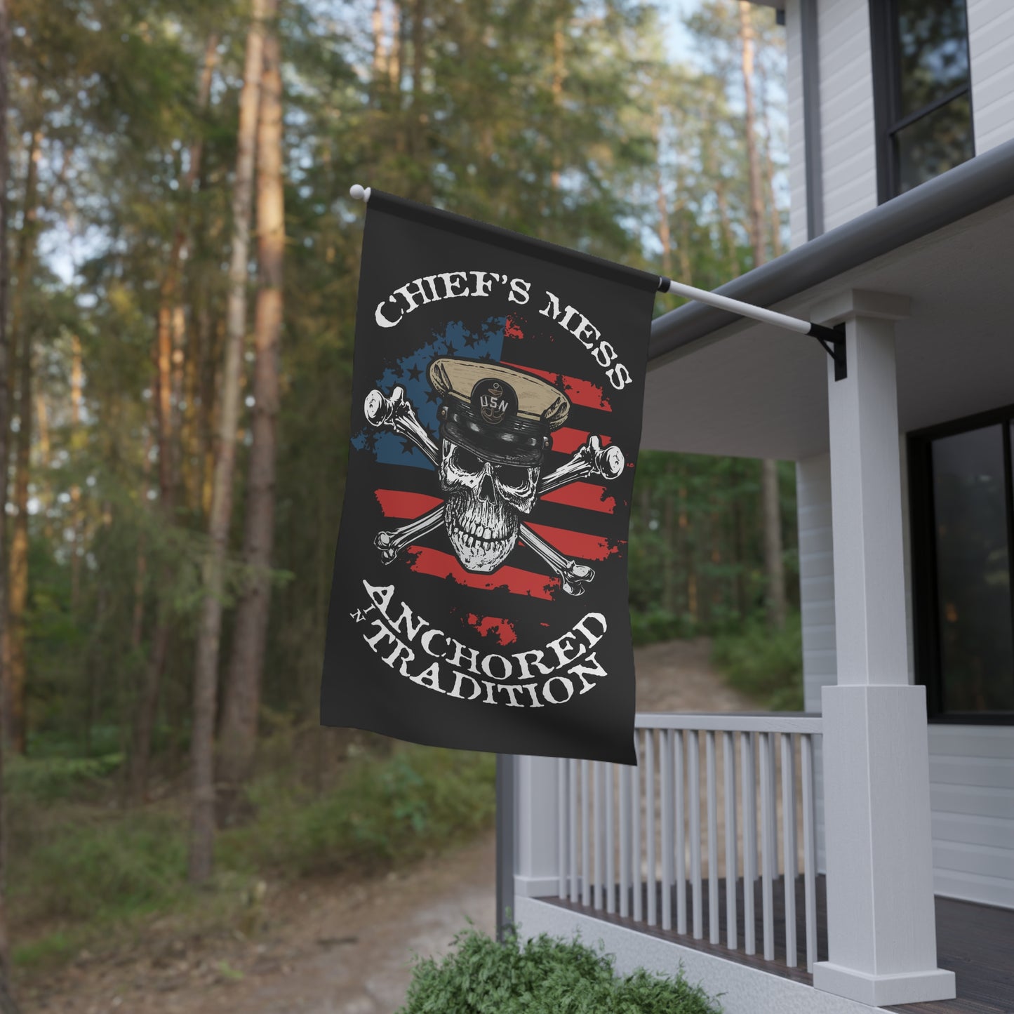 Navy Chief's Mess Anchored Tradition CPO Skull Crossbones Sailor with Distressed USA Flag on Black House Banner