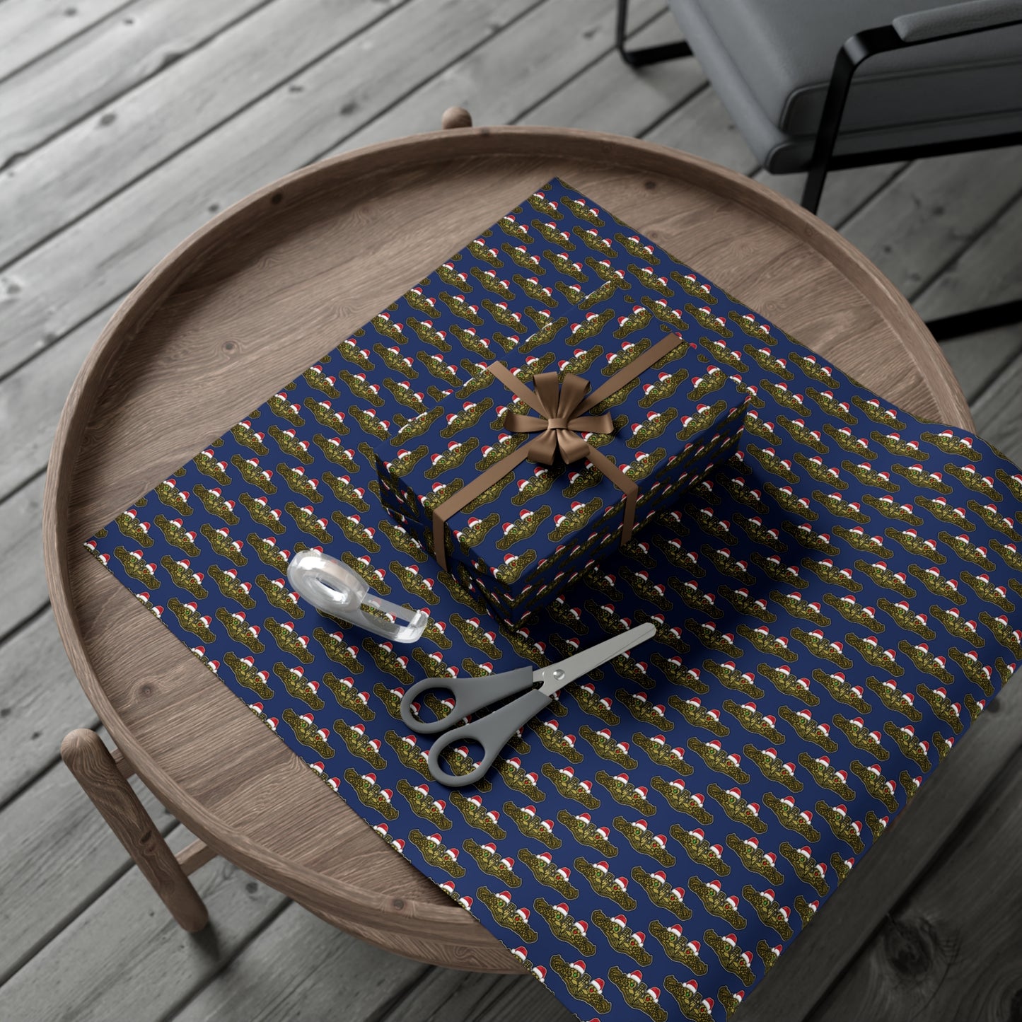United States Navy Submarine Force Gold Officer Dolphins Christmas Hats with Red and Green Eyes Blue Gift Wrap Papers