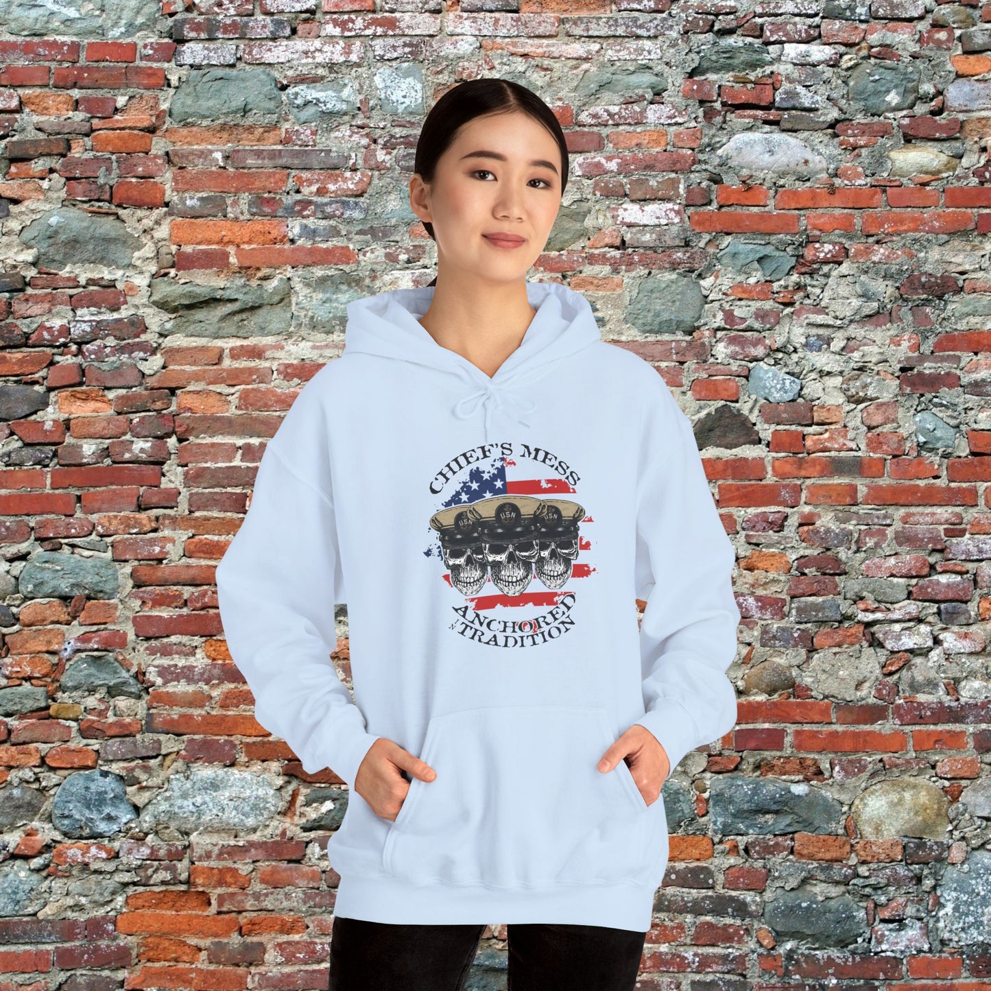 Chief's Mess Anchored Tradition CPO Sailor Skulls on Distressed USA Flag Unisex Heavy Blend™ Hooded Sweatshirt
