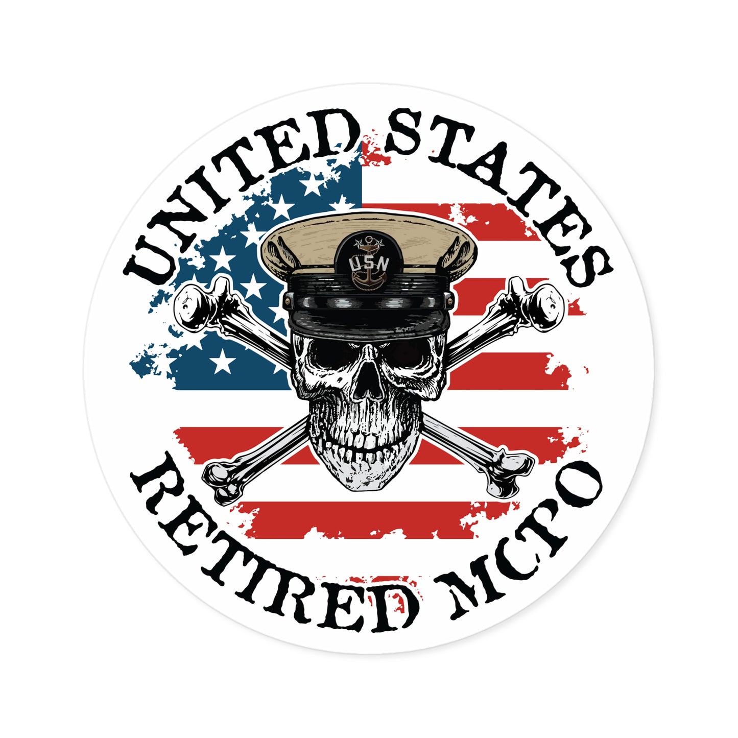 United States Retired MCPO Skull Crossbones Master Chief Petty Officer with Distressed American Flag Master Round Sticker