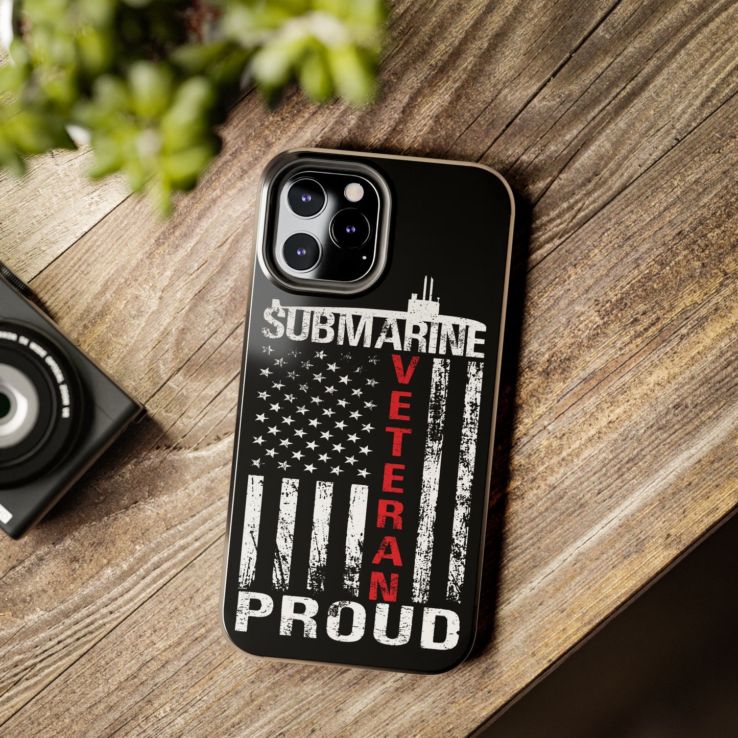 U.S. Submarine Veteran Proud Distressed White USA Flag Black Tough iPhone Case