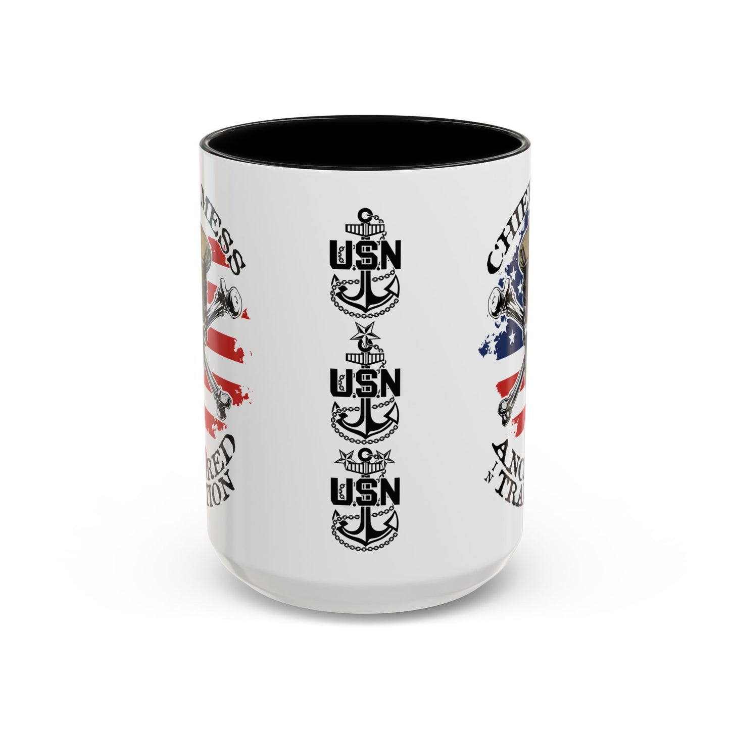 US Navy Chief's Mess Anchored Tradition CPO Sailor Skull with Distressed USA Flag Accent Coffee Mugs