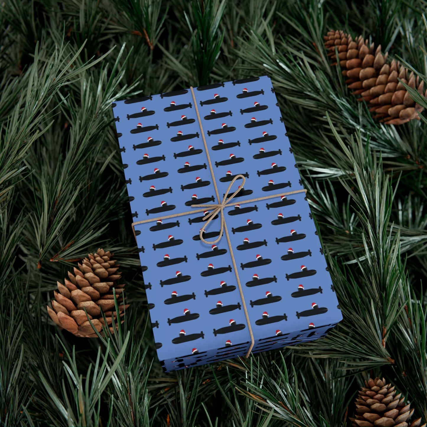 United States Navy Submarine Force Santa Hat on Black Mini Submarines Light Blue Gift Wrap Papers