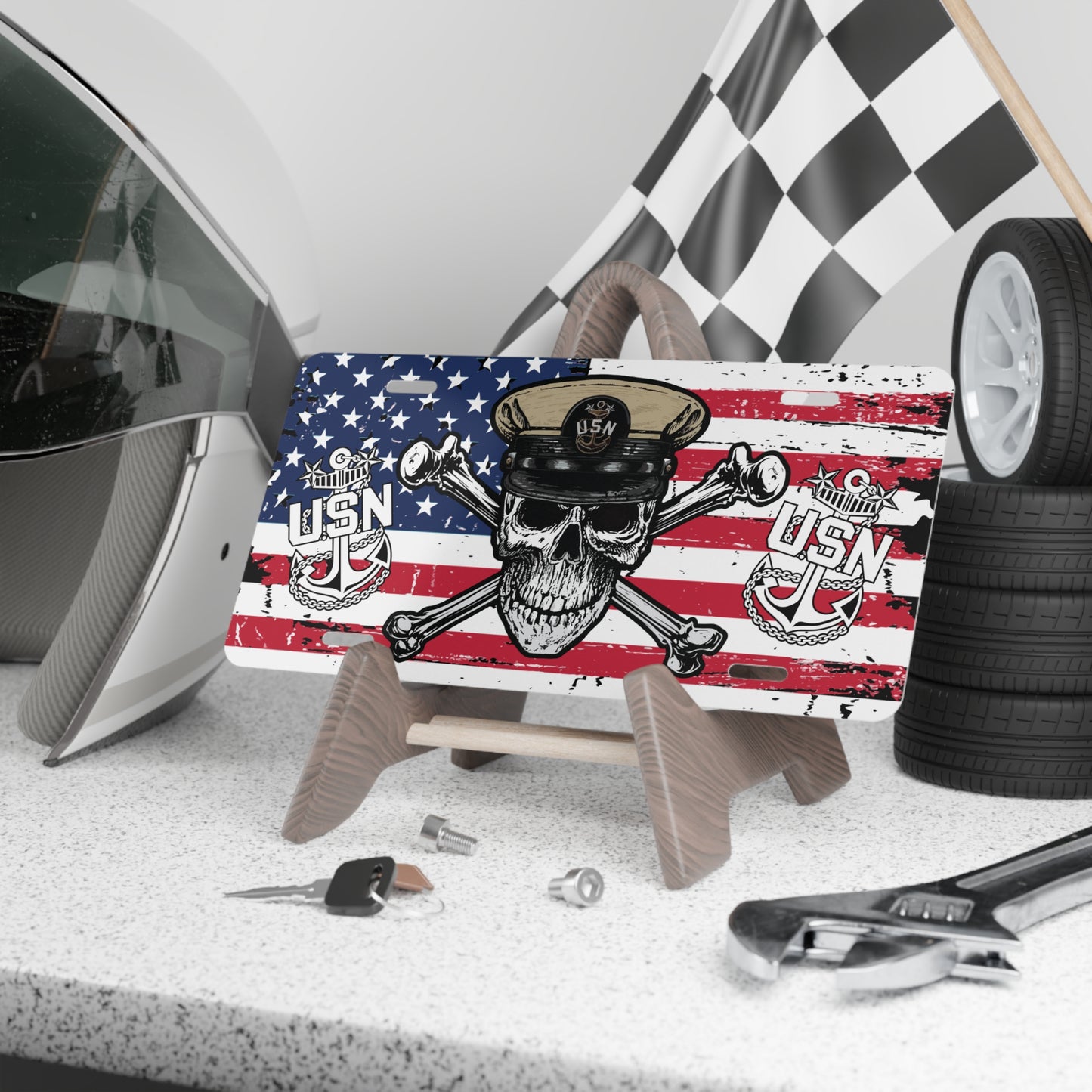 US Navy Master Chief Skull & Crossbones on American Flag Vanity License Plate