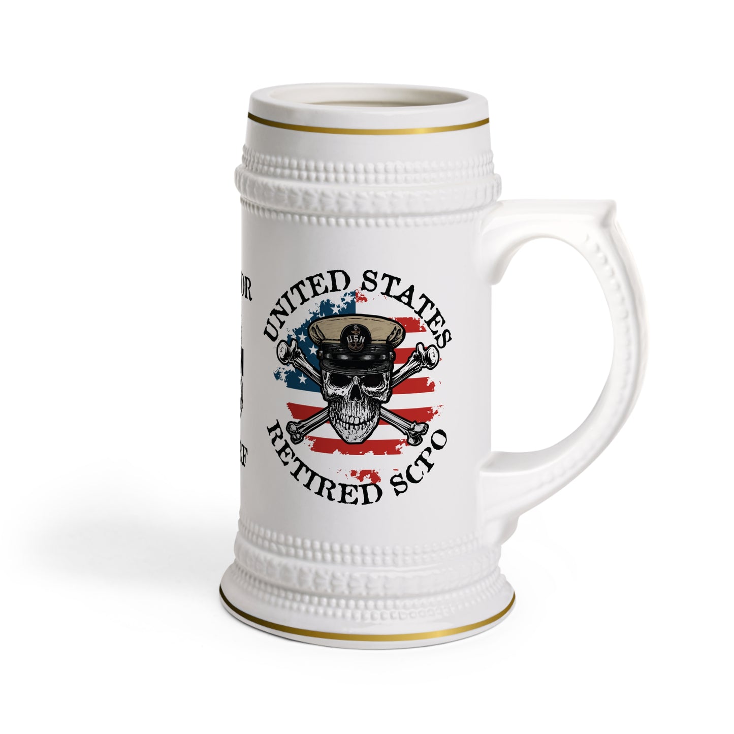 US Retired Senior Chief Petty Officer Skull Crossbones with Distressed American Flag Stein Mug