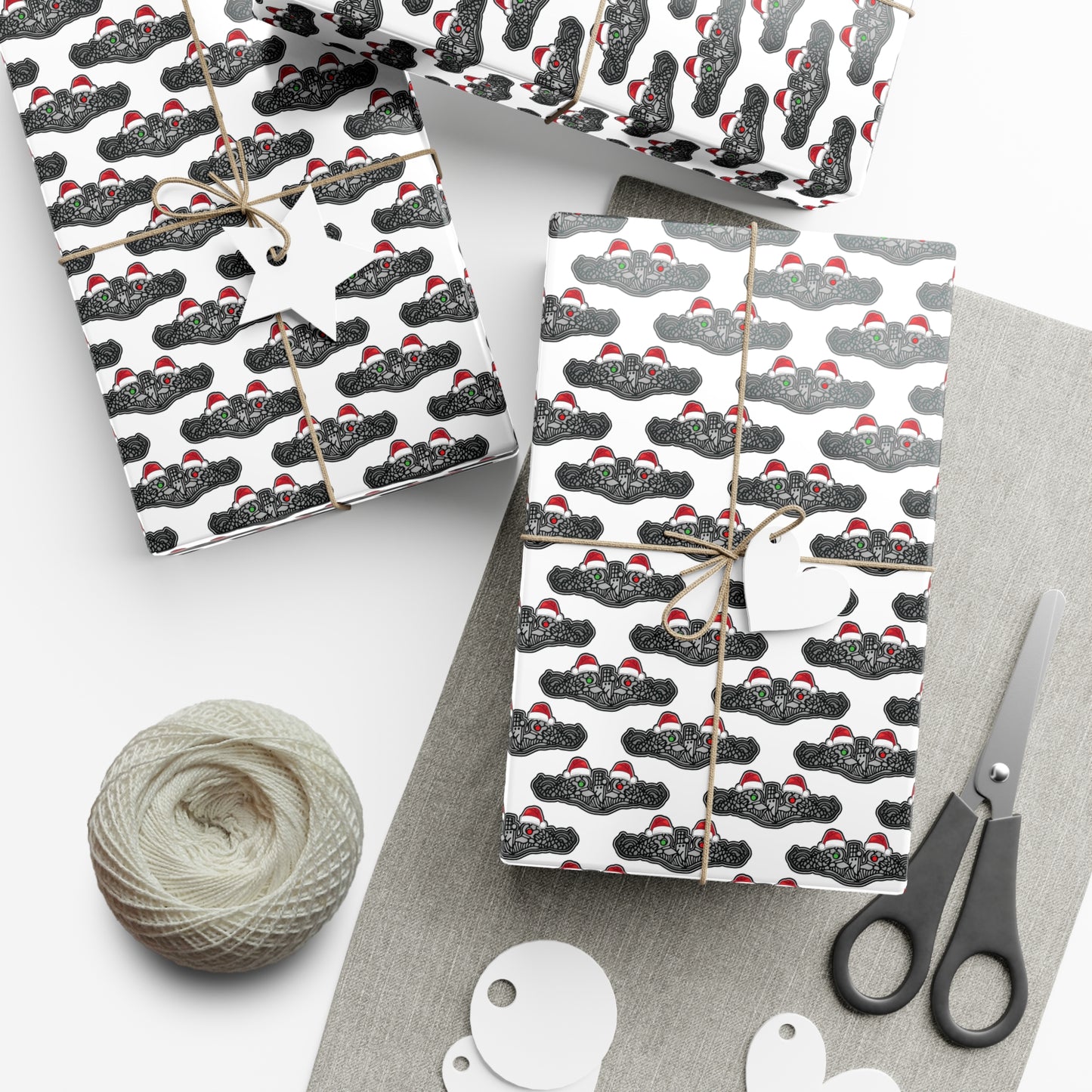 United States Navy Submarine Force Silver Enlisted Dolphins Christmas Hats with Red and Green Eyes White Gift Wrap Papers