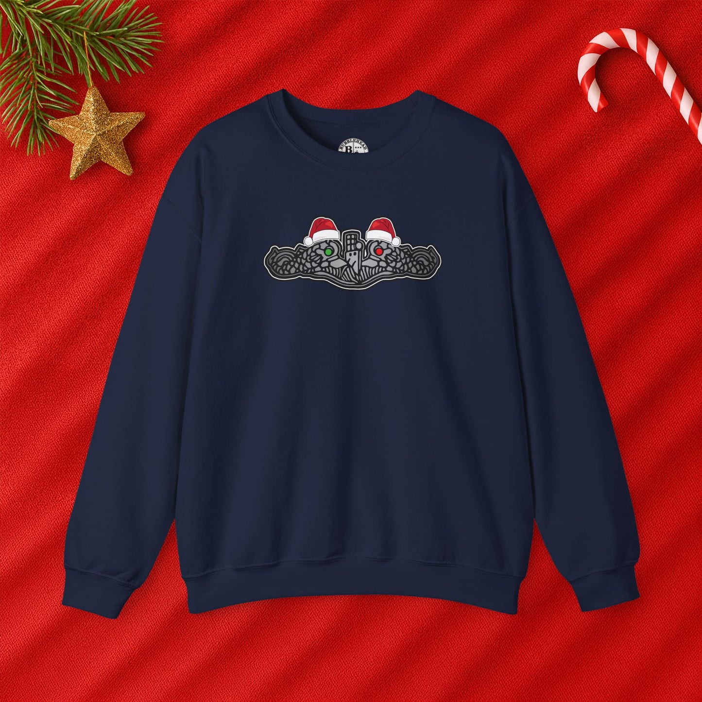 United States Submarine Force Silver Dolphins Christmas Santa Hats with Red and Green Eyes Unisex Heavy Blend™ Crewneck Sweatshirt