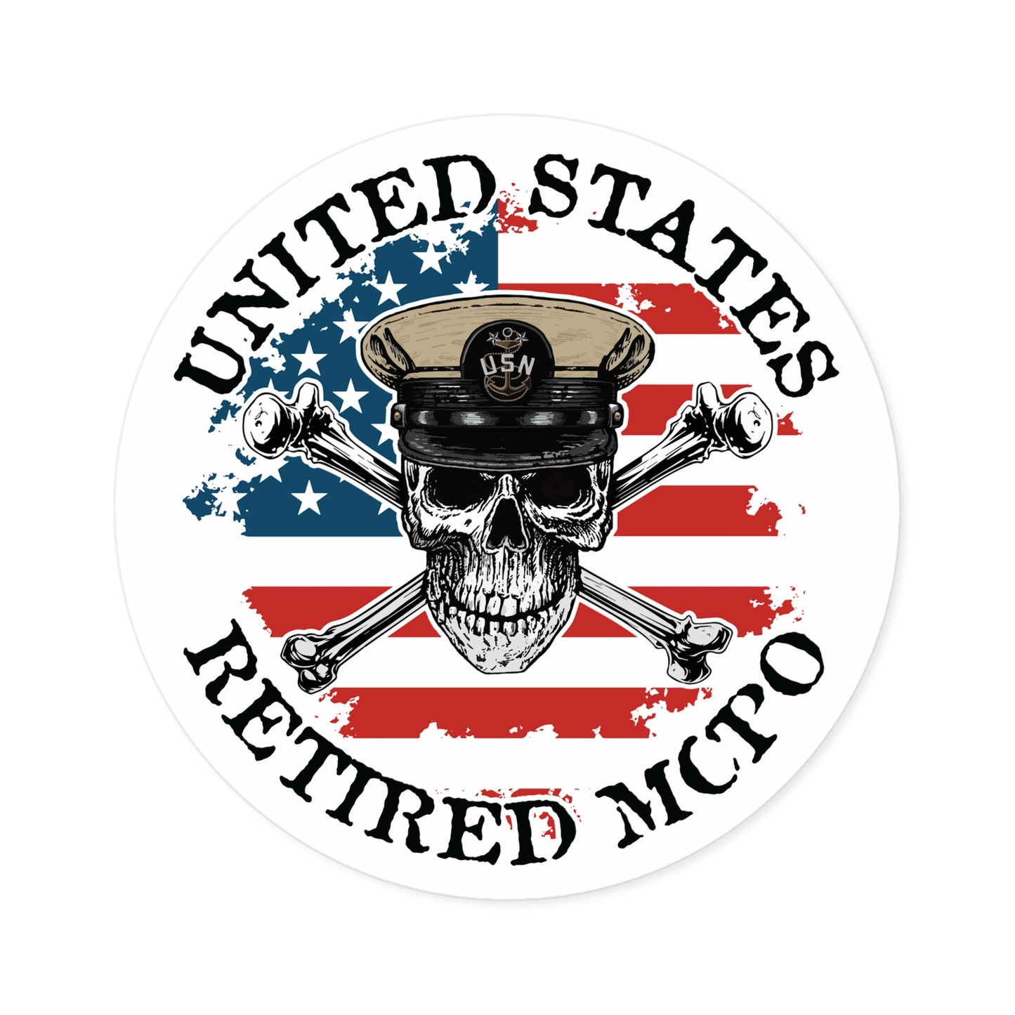 United States Retired MCPO Skull Crossbones Master Chief Petty Officer with Distressed American Flag Master Round Sticker