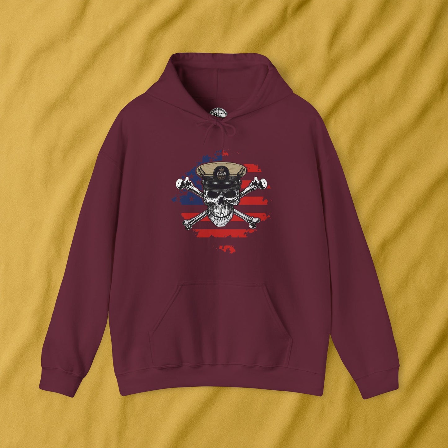 Navy Chief Skull & Crossbones on Distressed American Flag Unisex Heavy Blend™ Hooded Sweatshirt