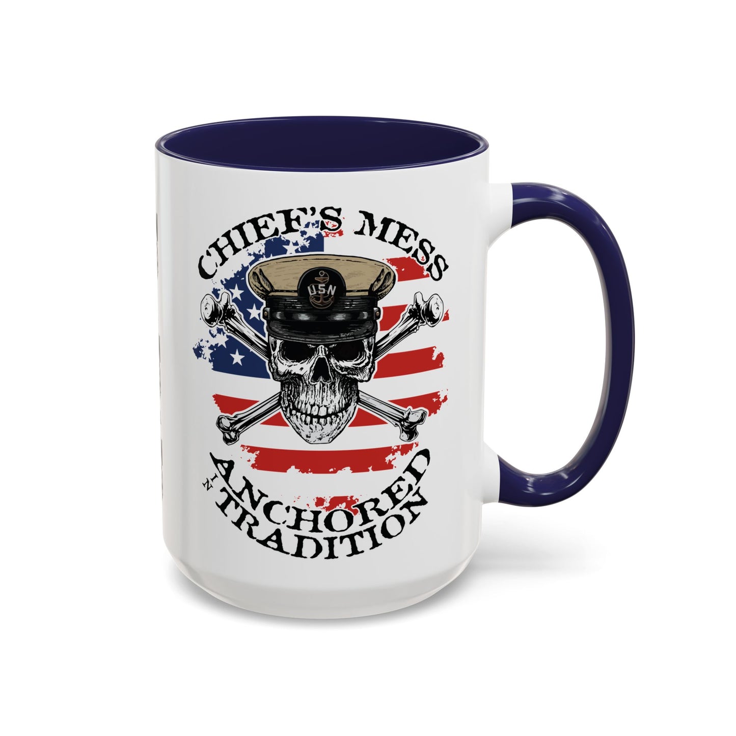 US Navy Chief's Mess Anchored Tradition CPO Sailor Skull with Distressed USA Flag Accent Coffee Mugs