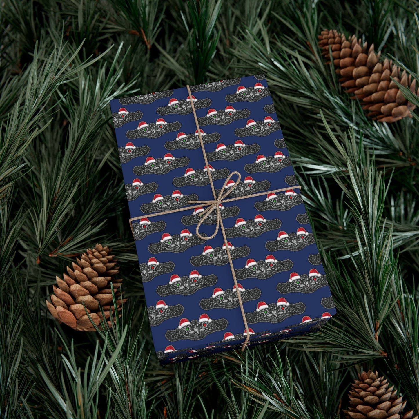 United States Navy Submarine Force Silver Enlisted Dolphins Christmas Hats with Red and Green Eyes Blue Gift Wrap Papers